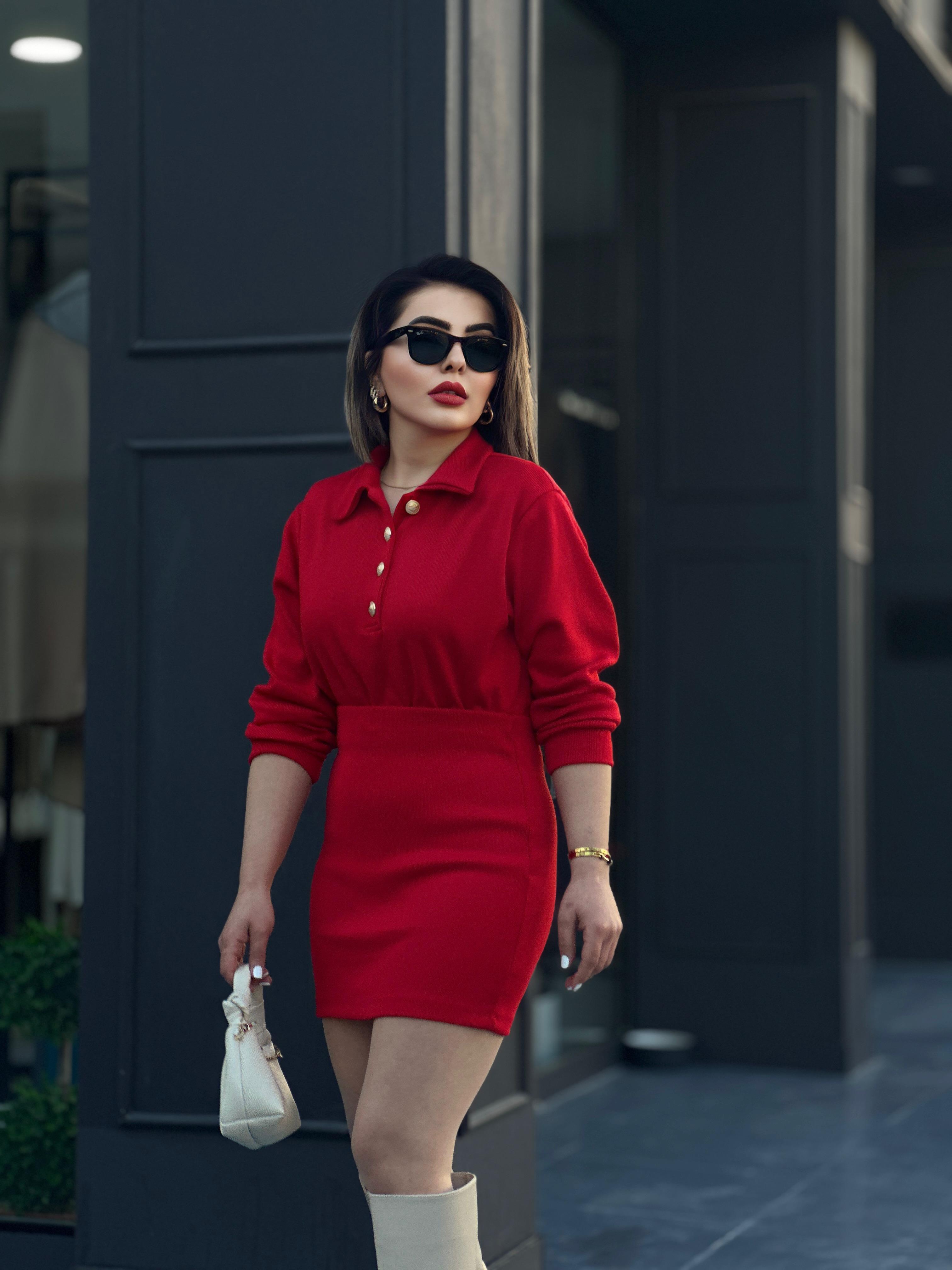 Red Polo Collar Steel Knit Suit with Gold Button Detail