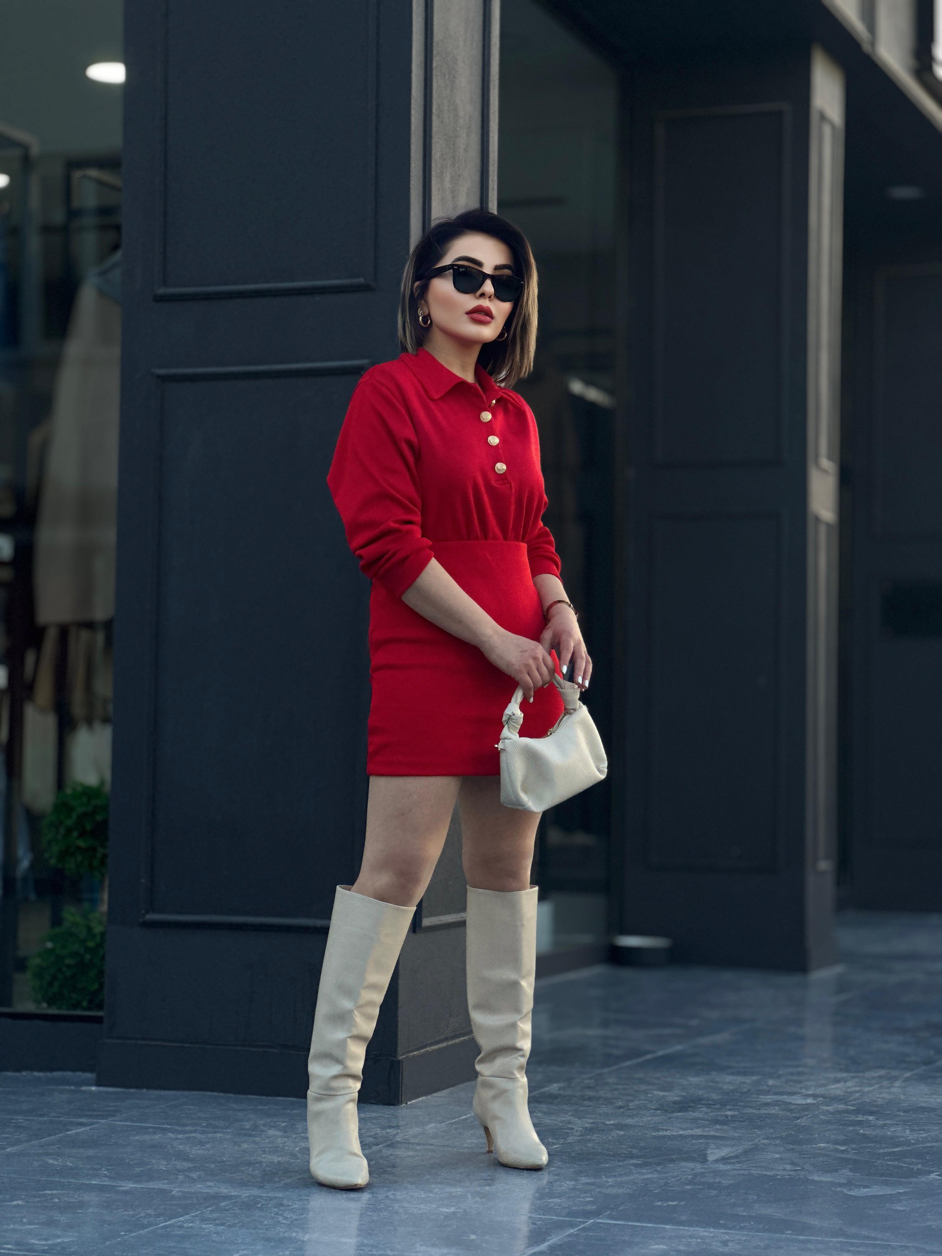 Red Polo Collar Steel Knit Suit with Gold Button Detail