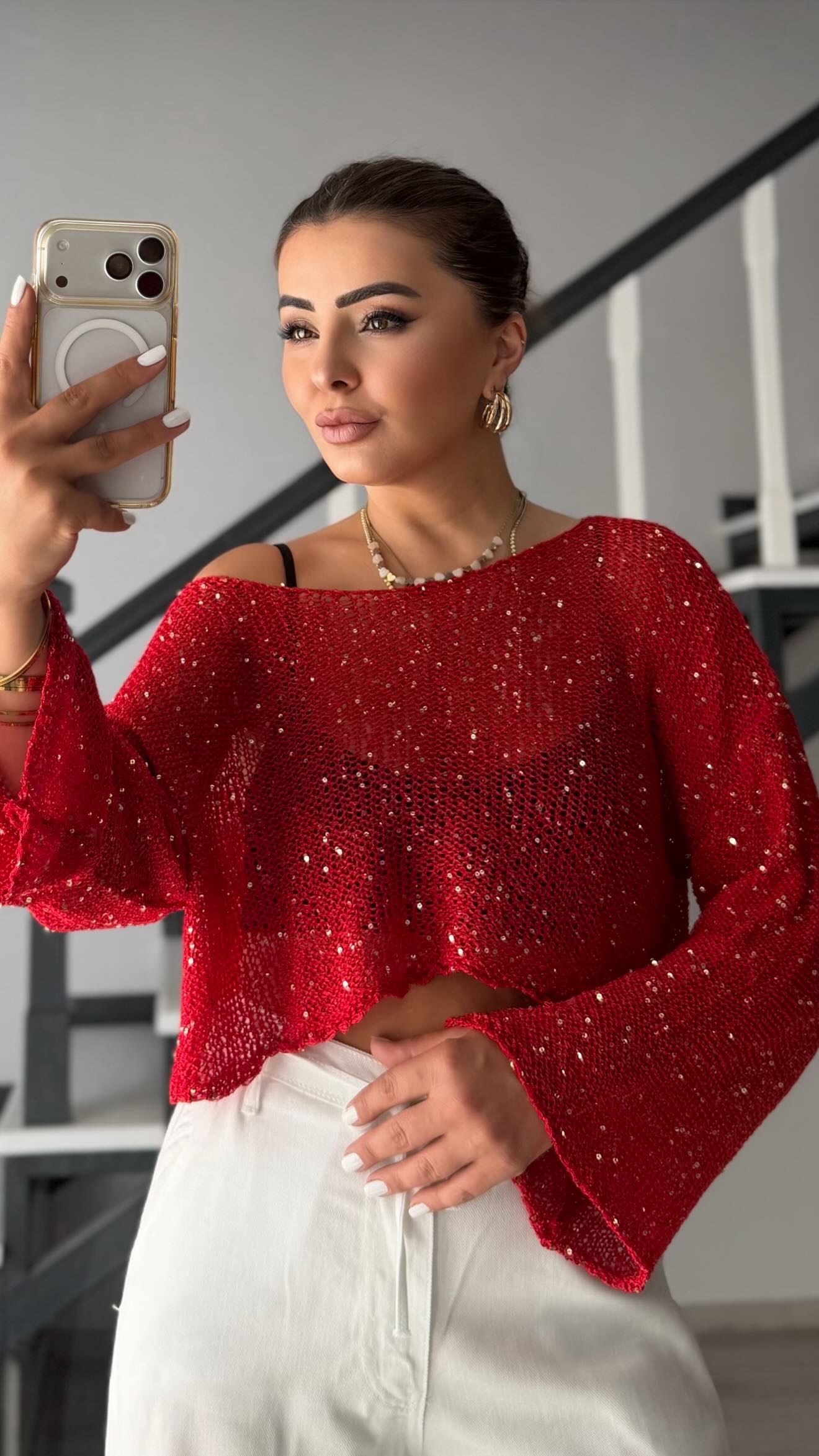 Red Sequin Oversized Knit Blouse