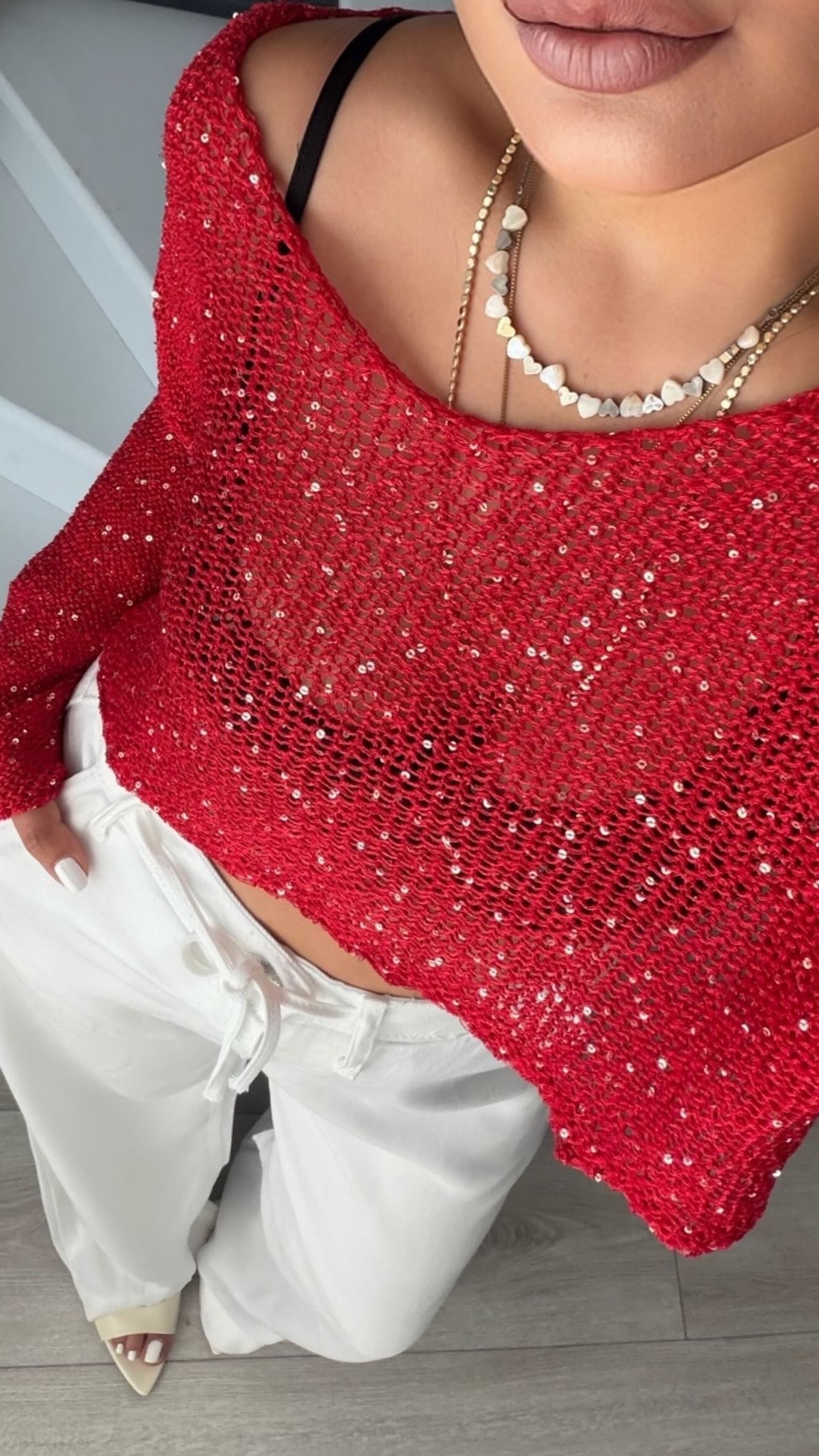 Red Sequin Oversized Knit Blouse