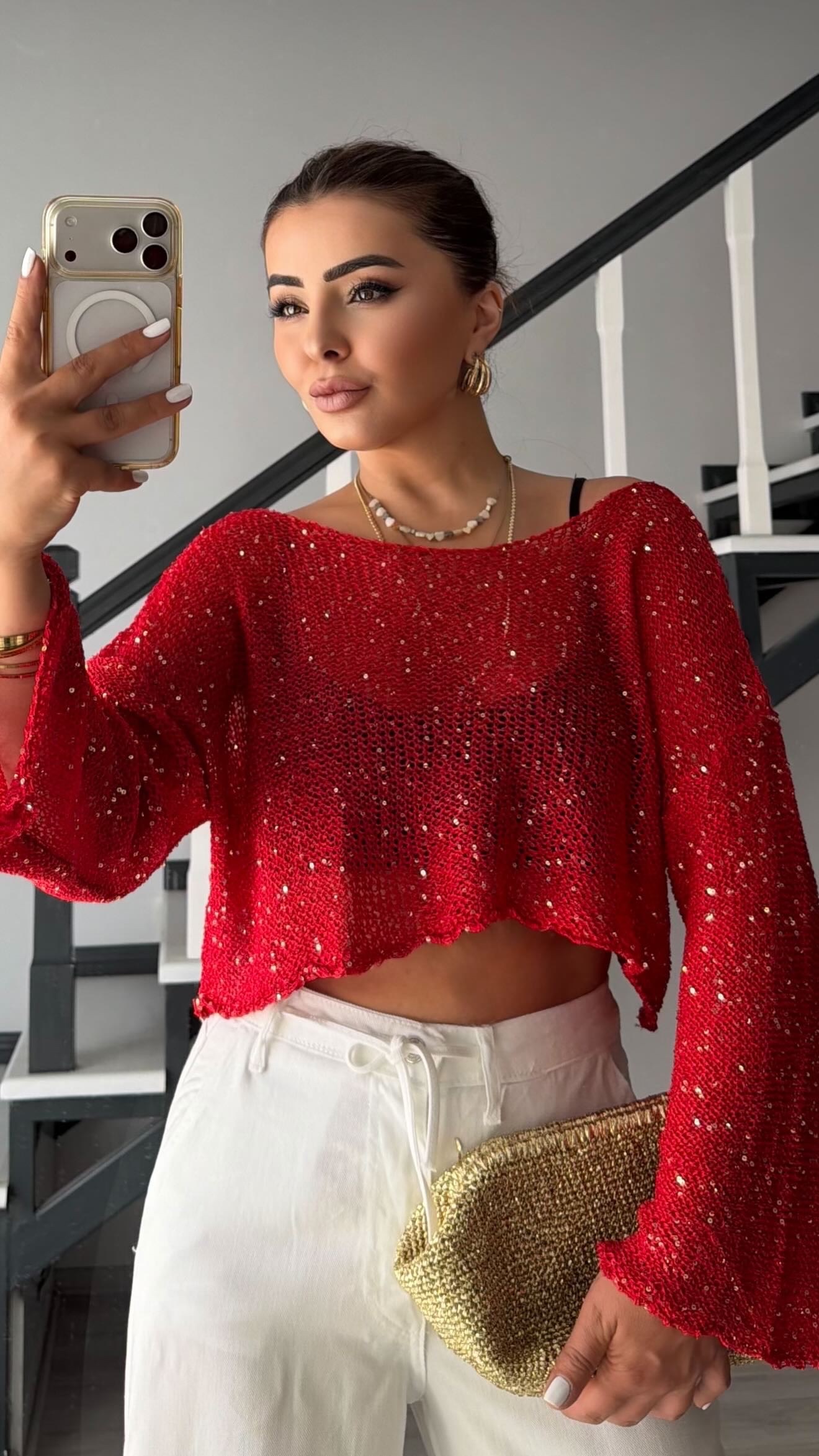 Red Sequin Oversized Knit Blouse
