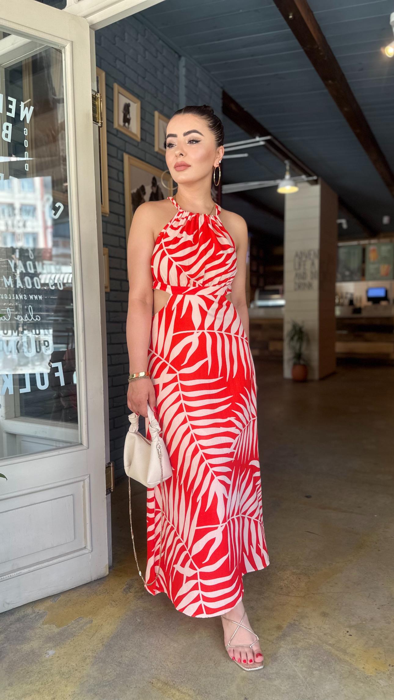 Red Linen Dress with Side Cutouts