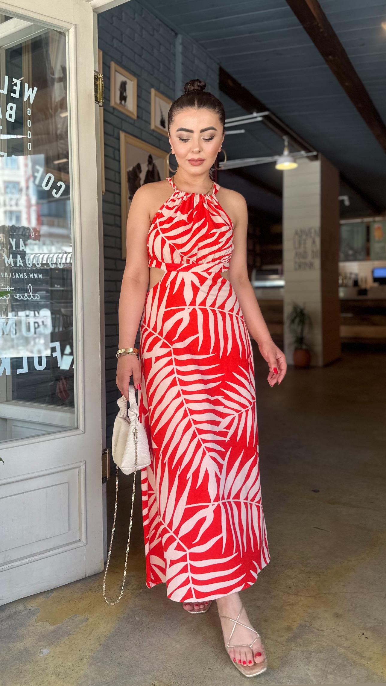 Red Linen Dress with Side Cutouts