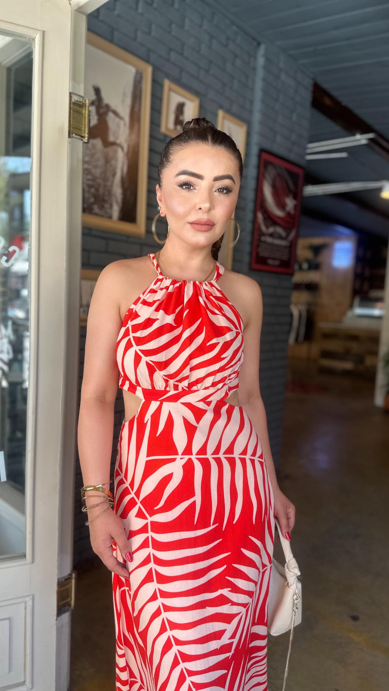 Red Linen Dress with Side Cutouts