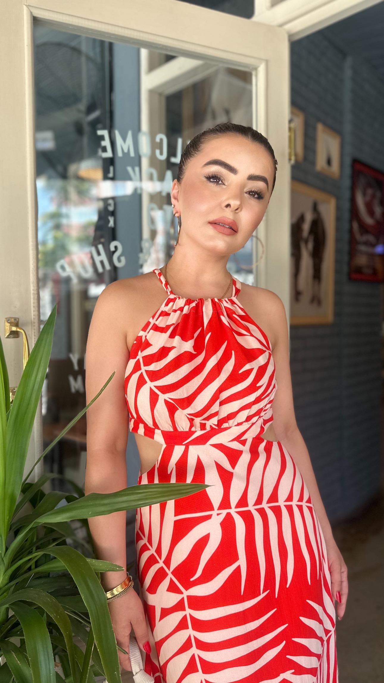 Red Linen Dress with Side Cutouts