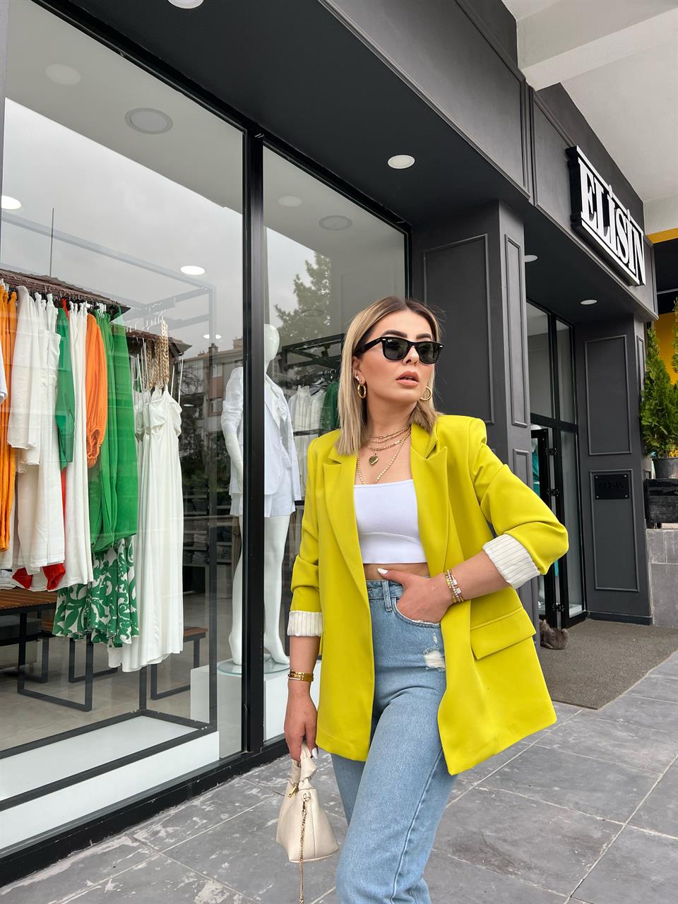 Kivi Astarı Çizgili Blazer Ceket 