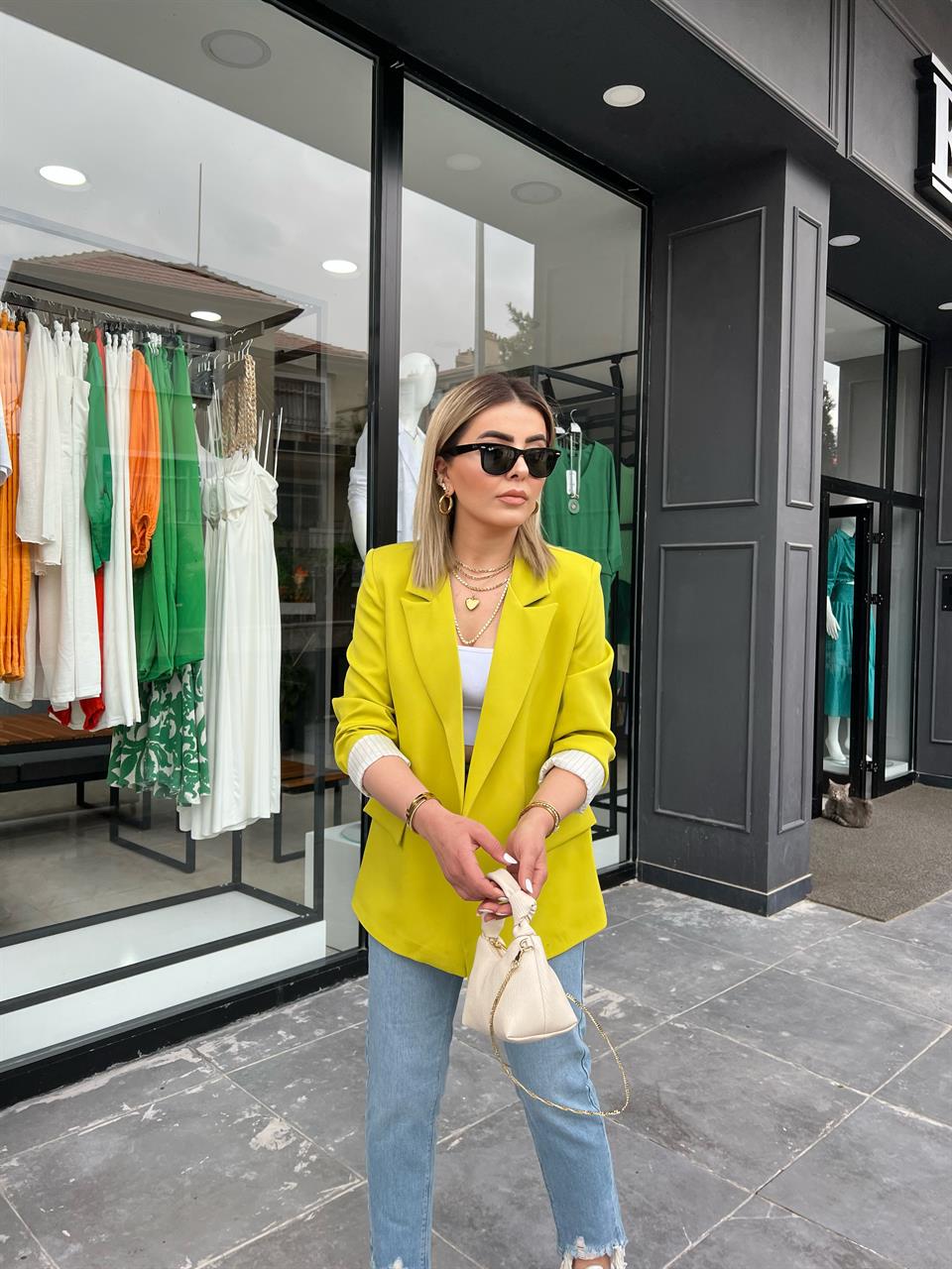 Kivi Astarı Çizgili Blazer Ceket 