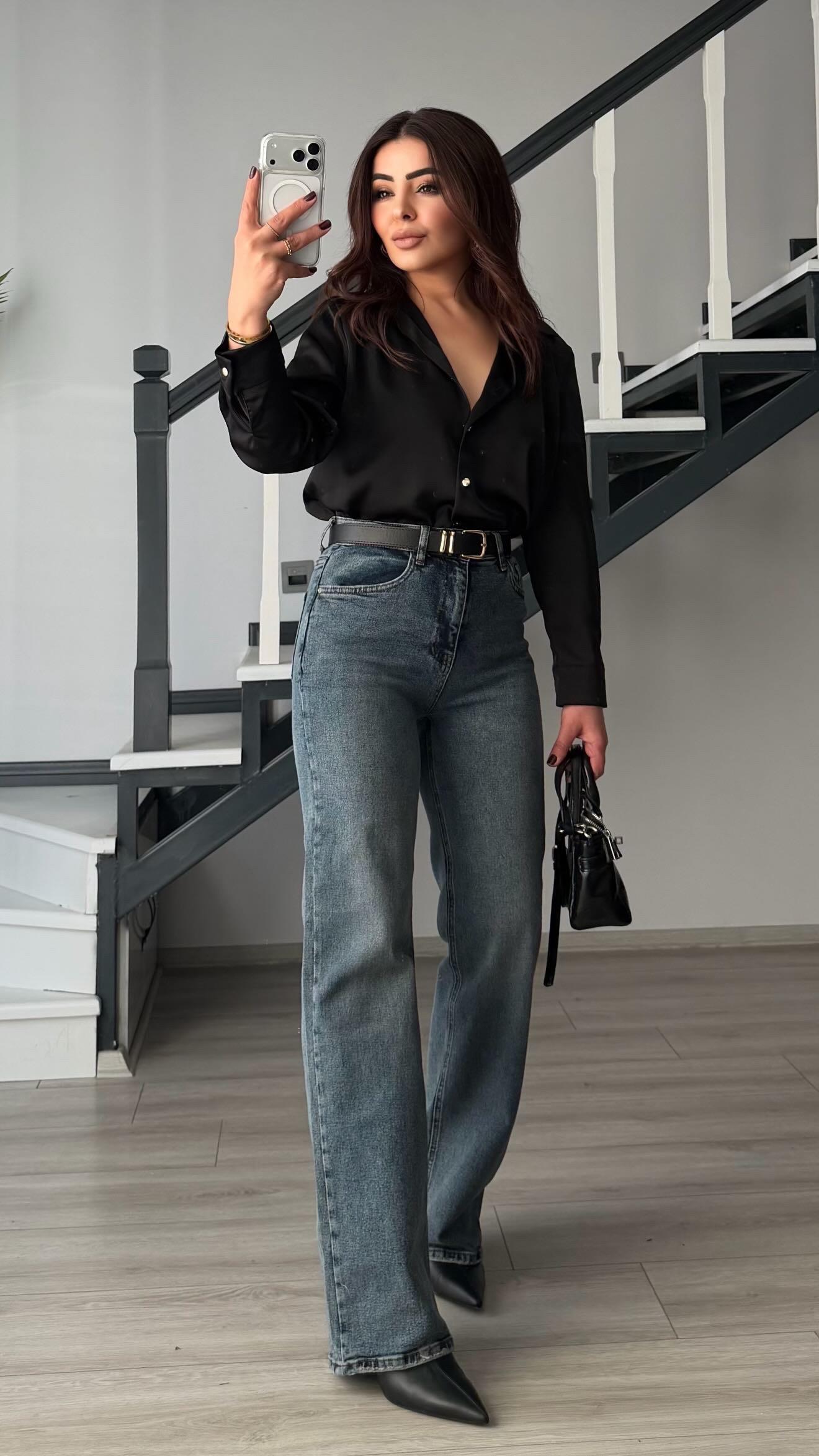 Koyu Mavi Kemerli Likralı Straight Jean