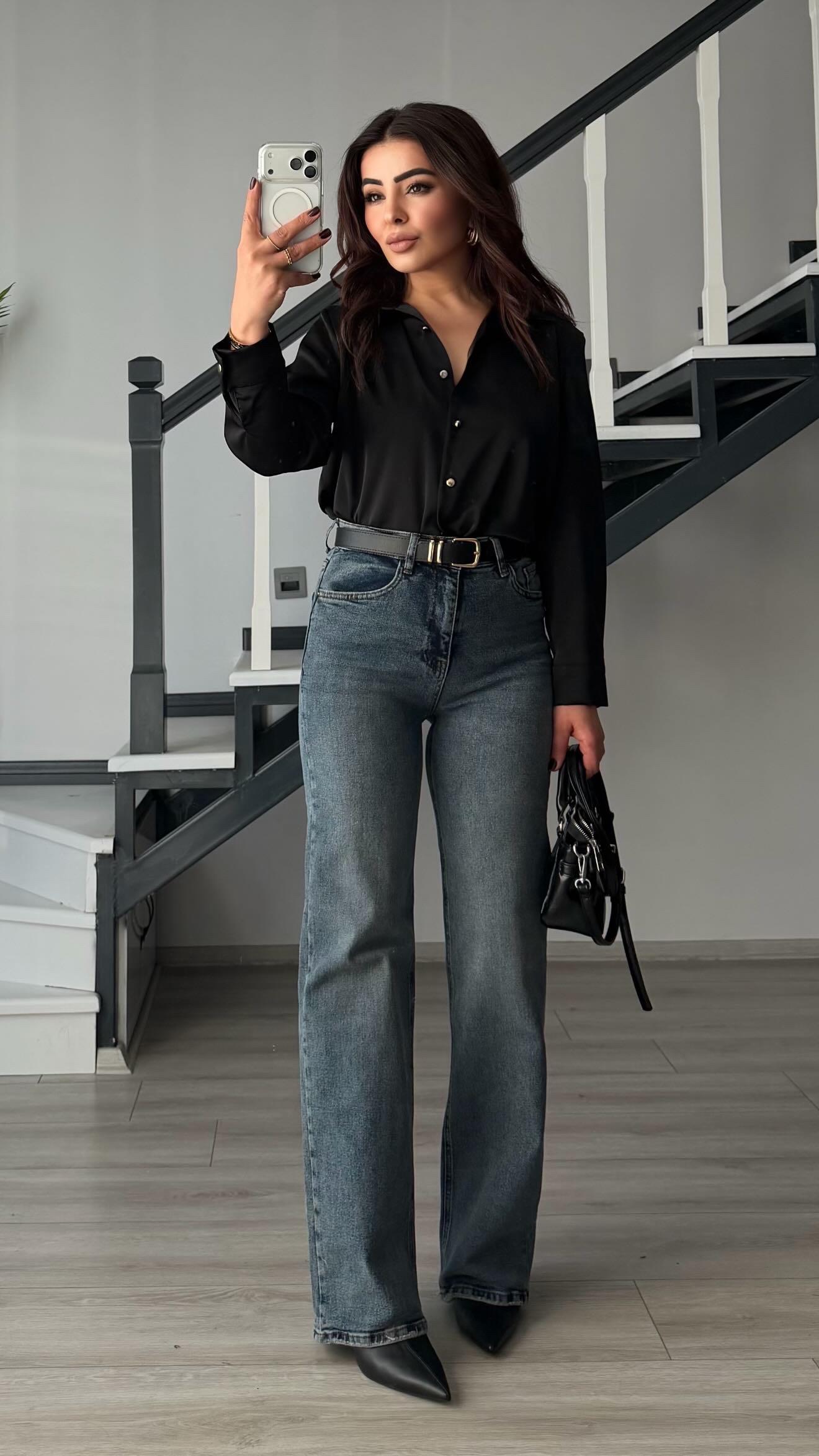 Koyu Mavi Kemerli Likralı Straight Jean