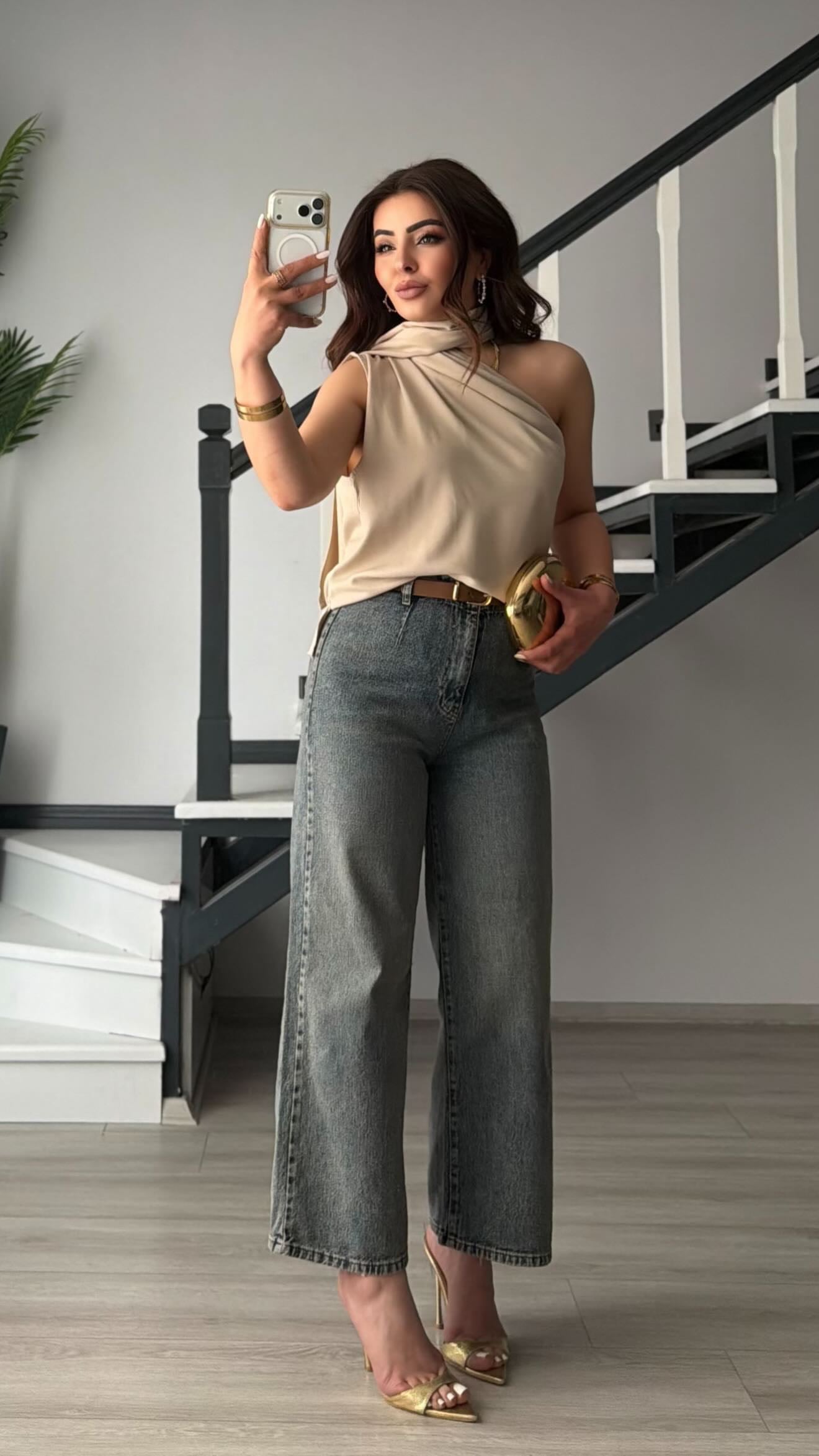 Koyu Mavi Likralı Kemerli Kısa Wide Leg Jean 