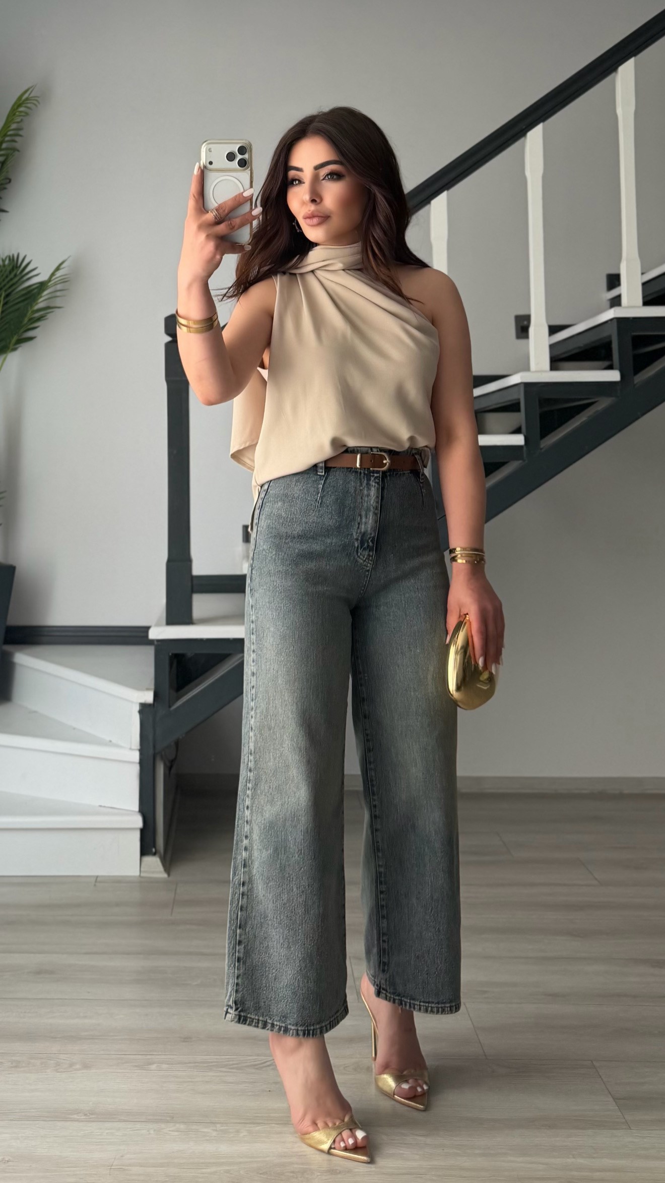Koyu Mavi Likralı Kemerli Kısa Wide Leg Jean 