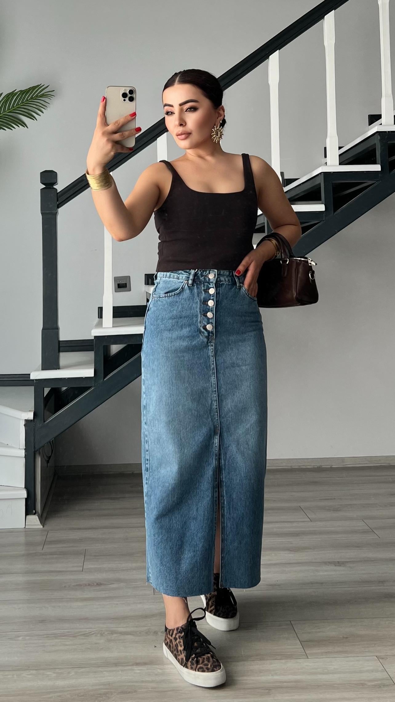 Koyu Mavi OSL2 5 Düğme Yırtmaçlı Denim Etek