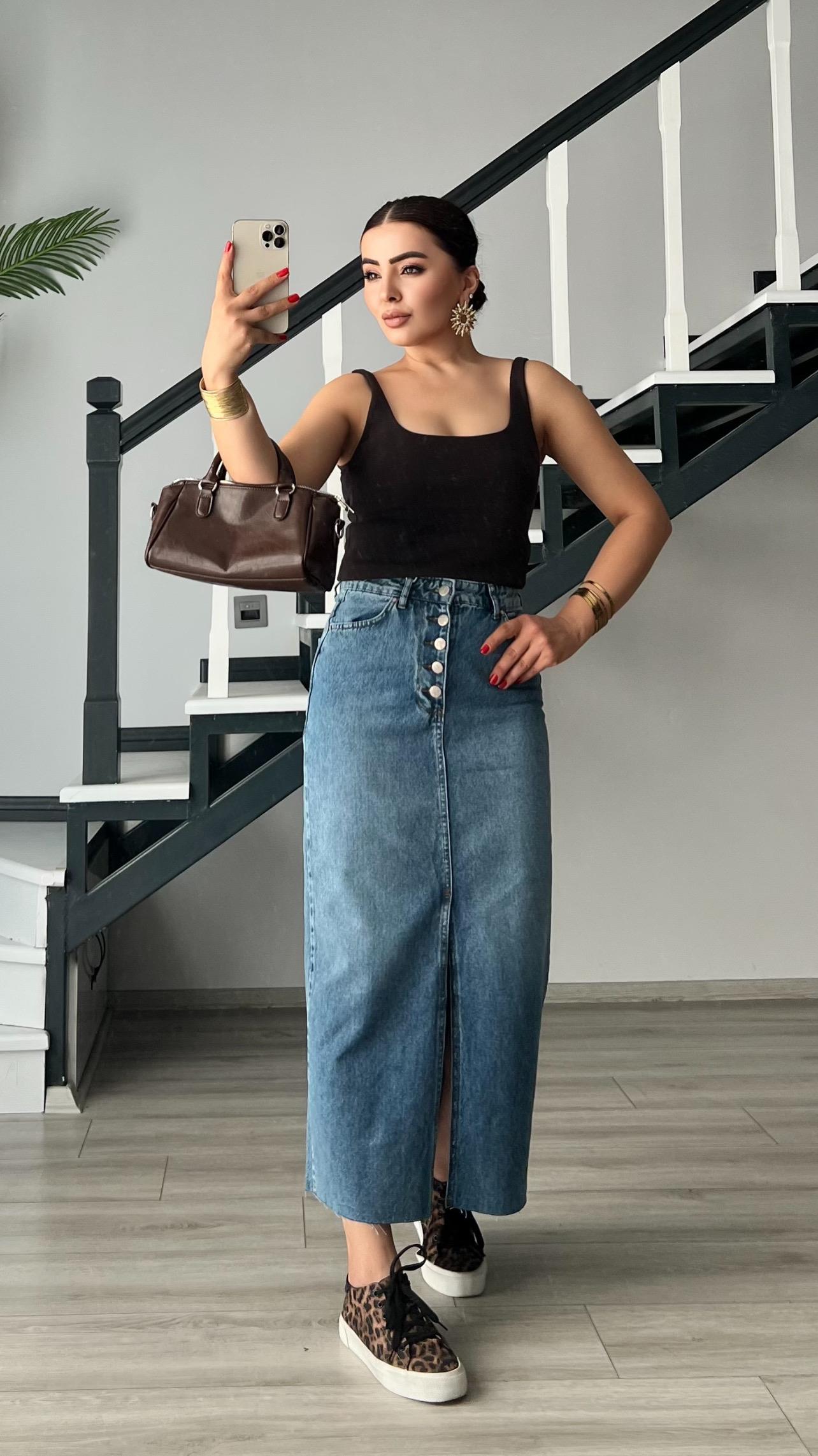Koyu Mavi OSL2 5 Düğme Yırtmaçlı Denim Etek