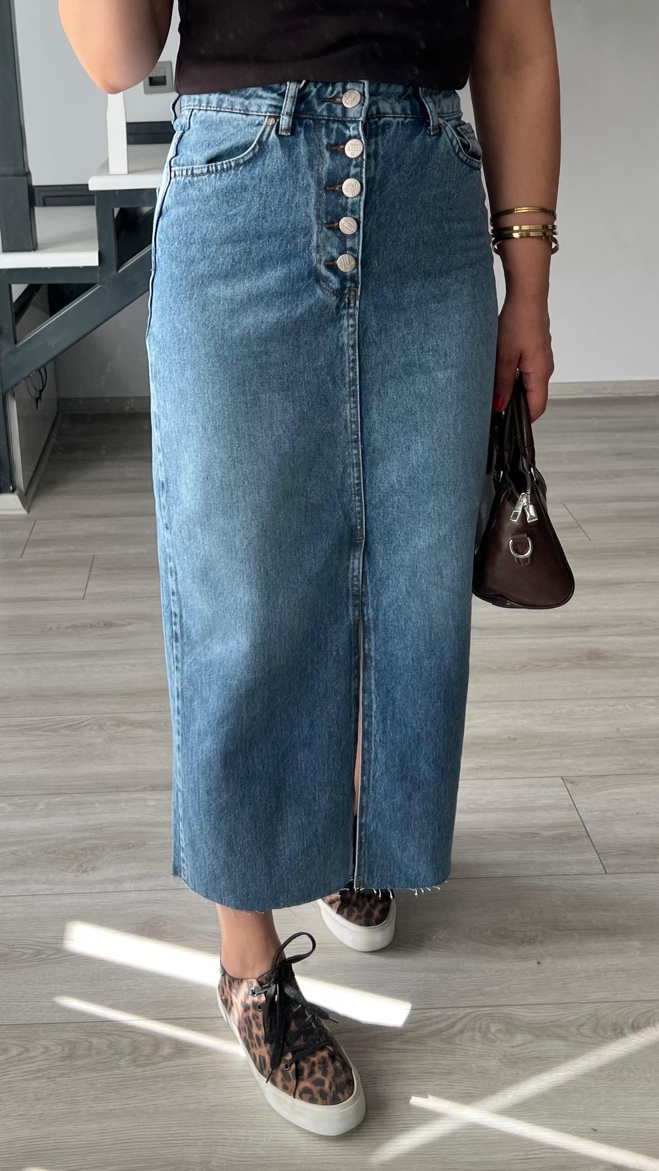 Koyu Mavi OSL2 5 Düğme Yırtmaçlı Denim Etek