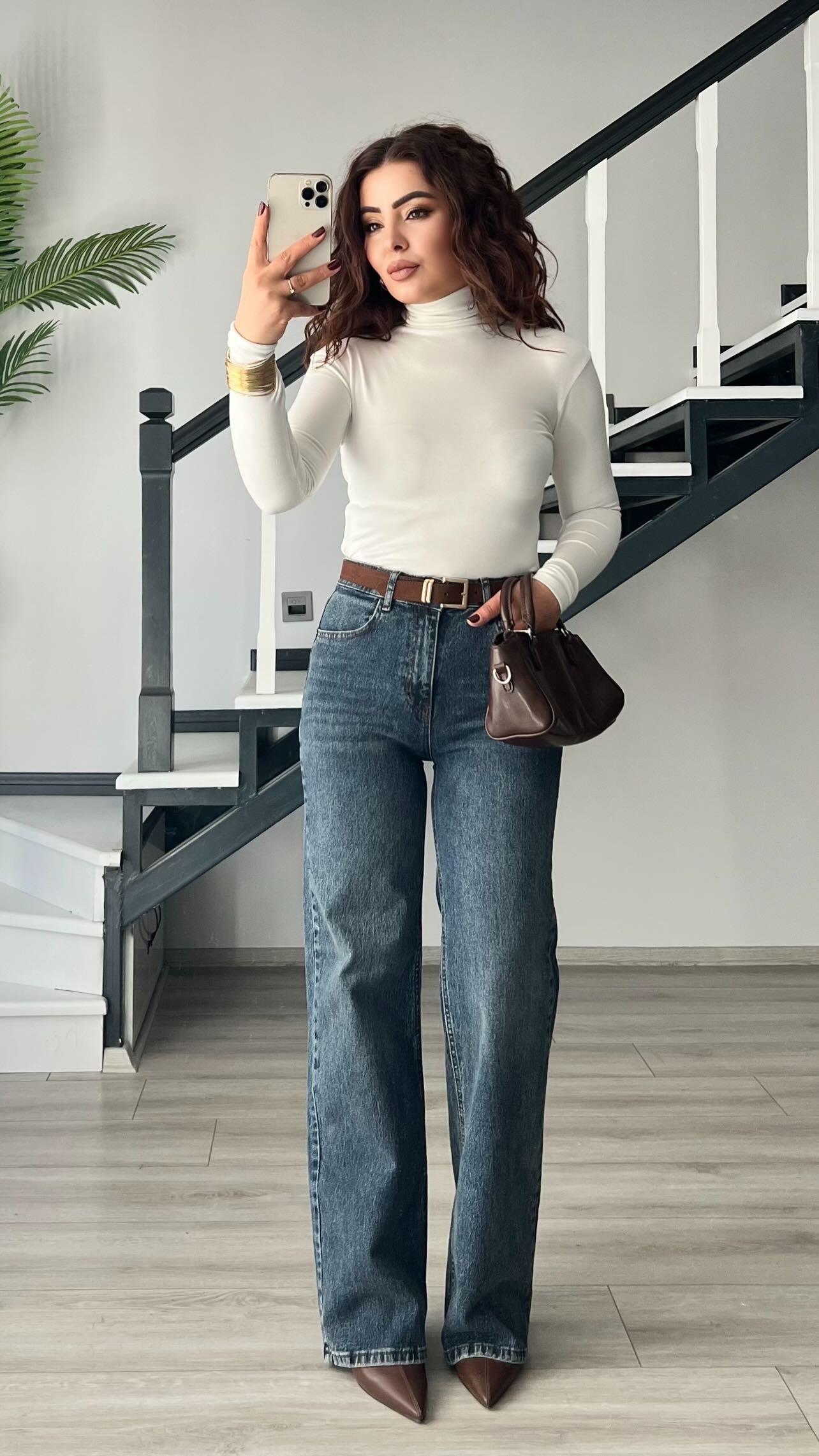 Koyu Mavi Süet Kemerli Straight Jean