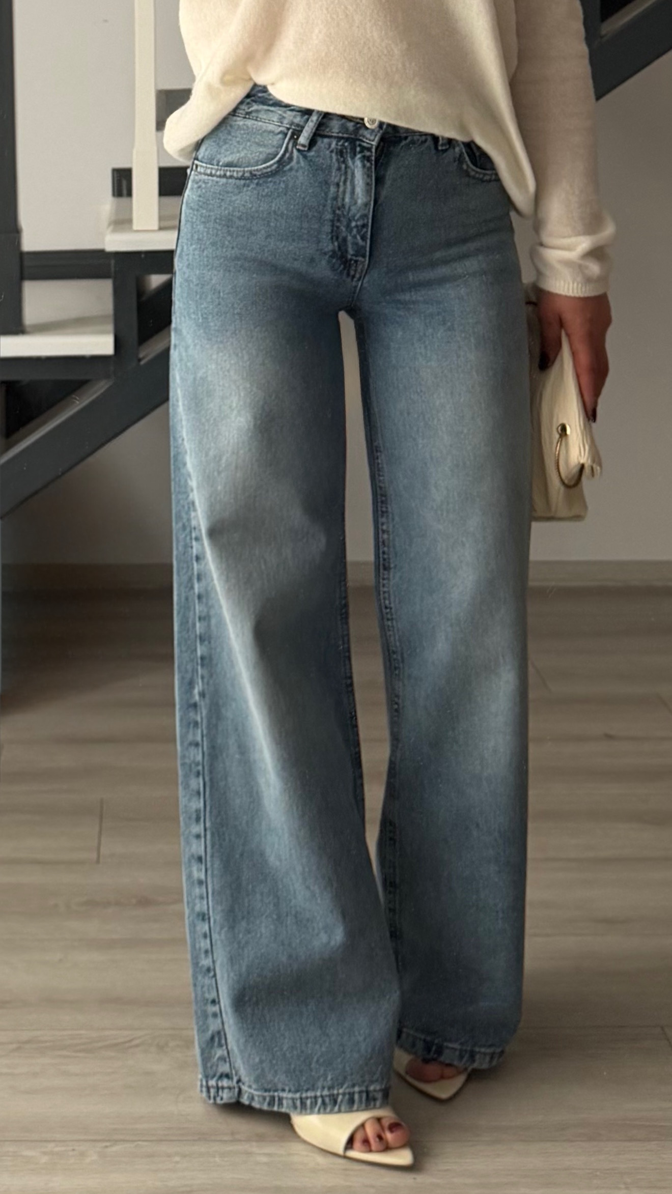 Koyu Mavi Yıkamalı Kemerli Wide Leg Jean