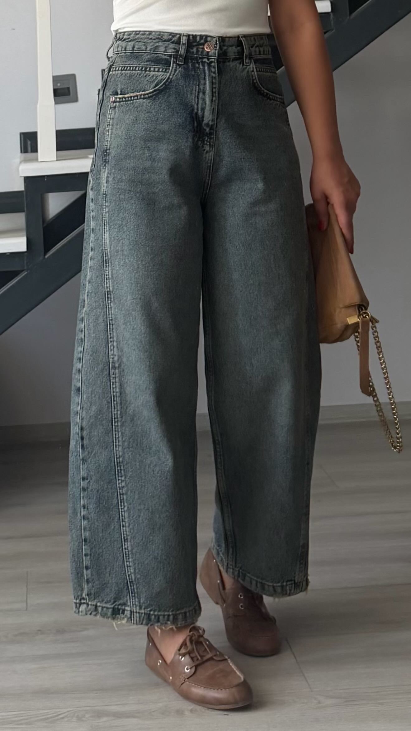 Dark Blue Washed Double Side-Stitched Baggy Jeans