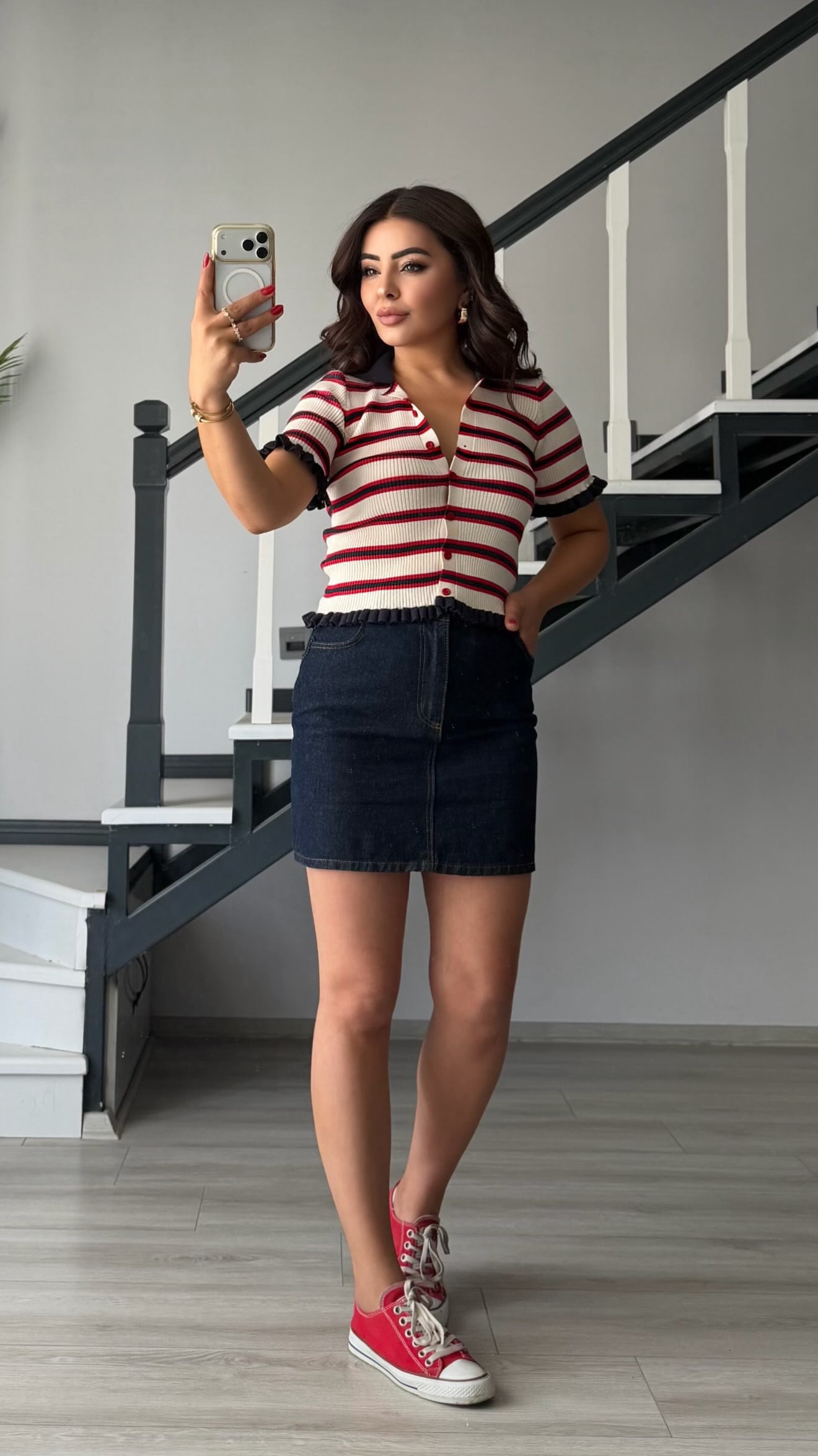 Cream-Navy-Red Striped Ruffled Short Sleeve Cardigan