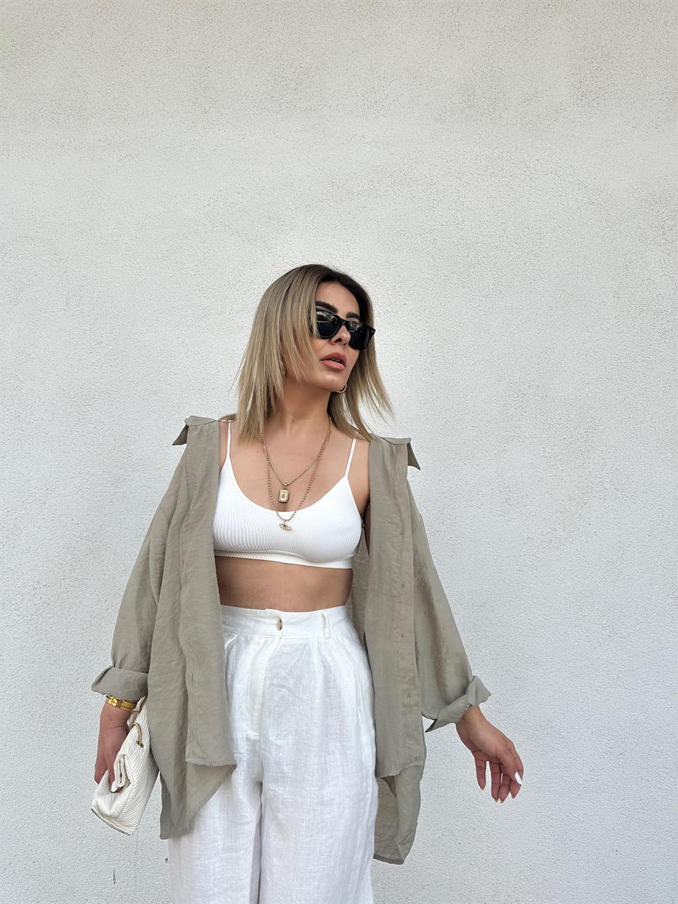 Küf Yeşili Oversize Tensel Gömlek