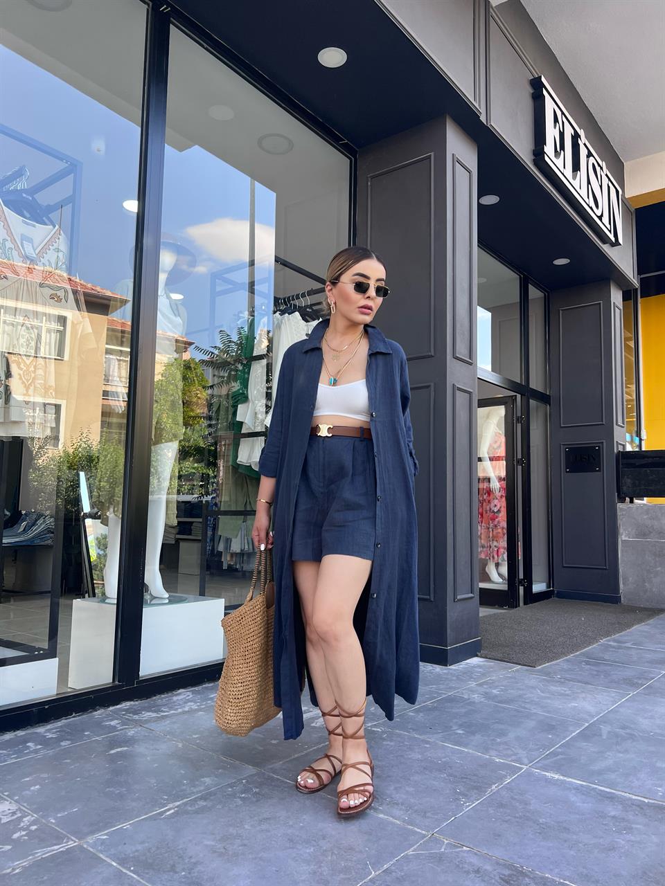 Lacivert %100 Ham Keten Boydan Düğmeli Kimono Elbise