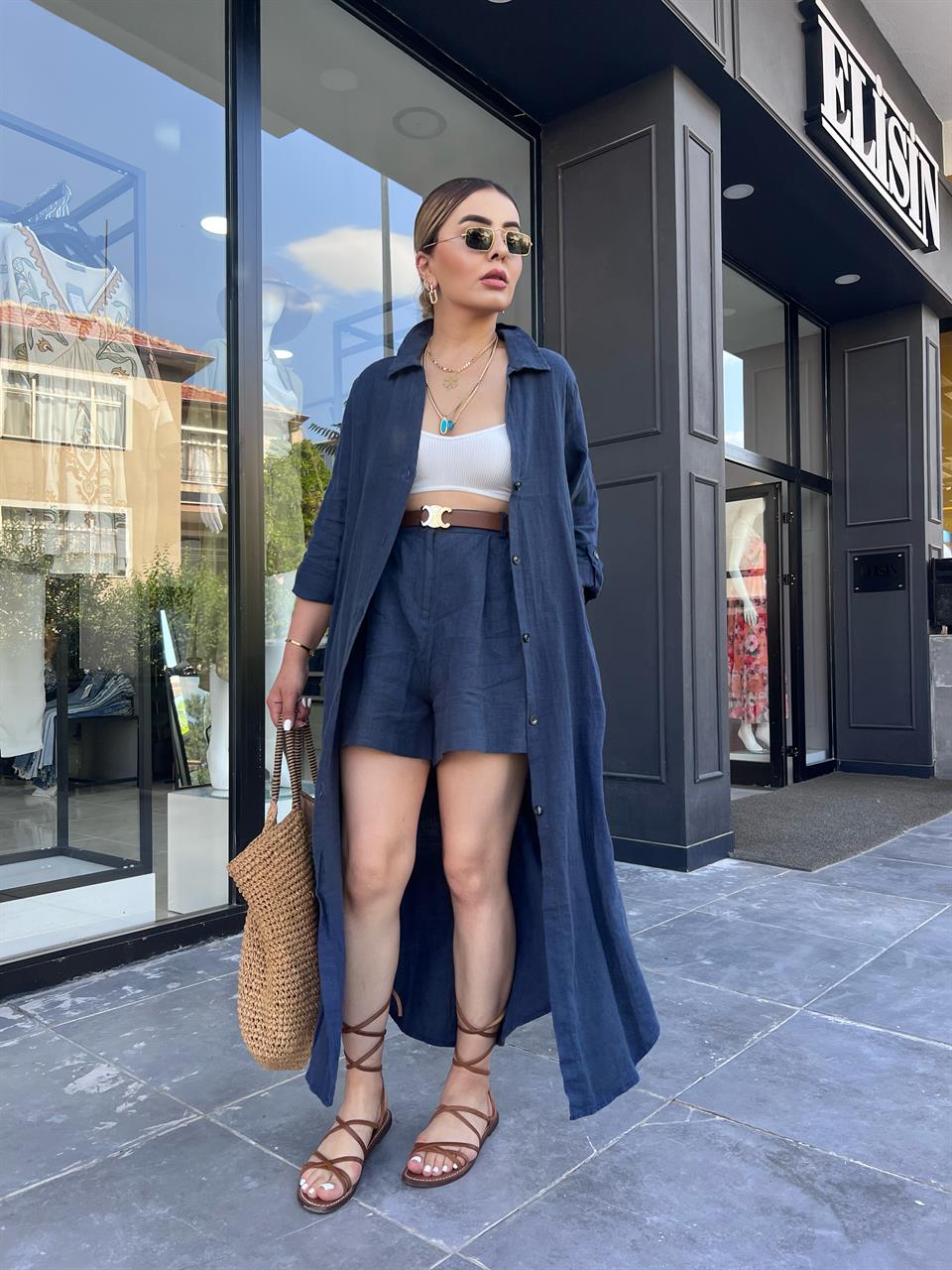Lacivert %100 Ham Keten Boydan Düğmeli Kimono Elbise