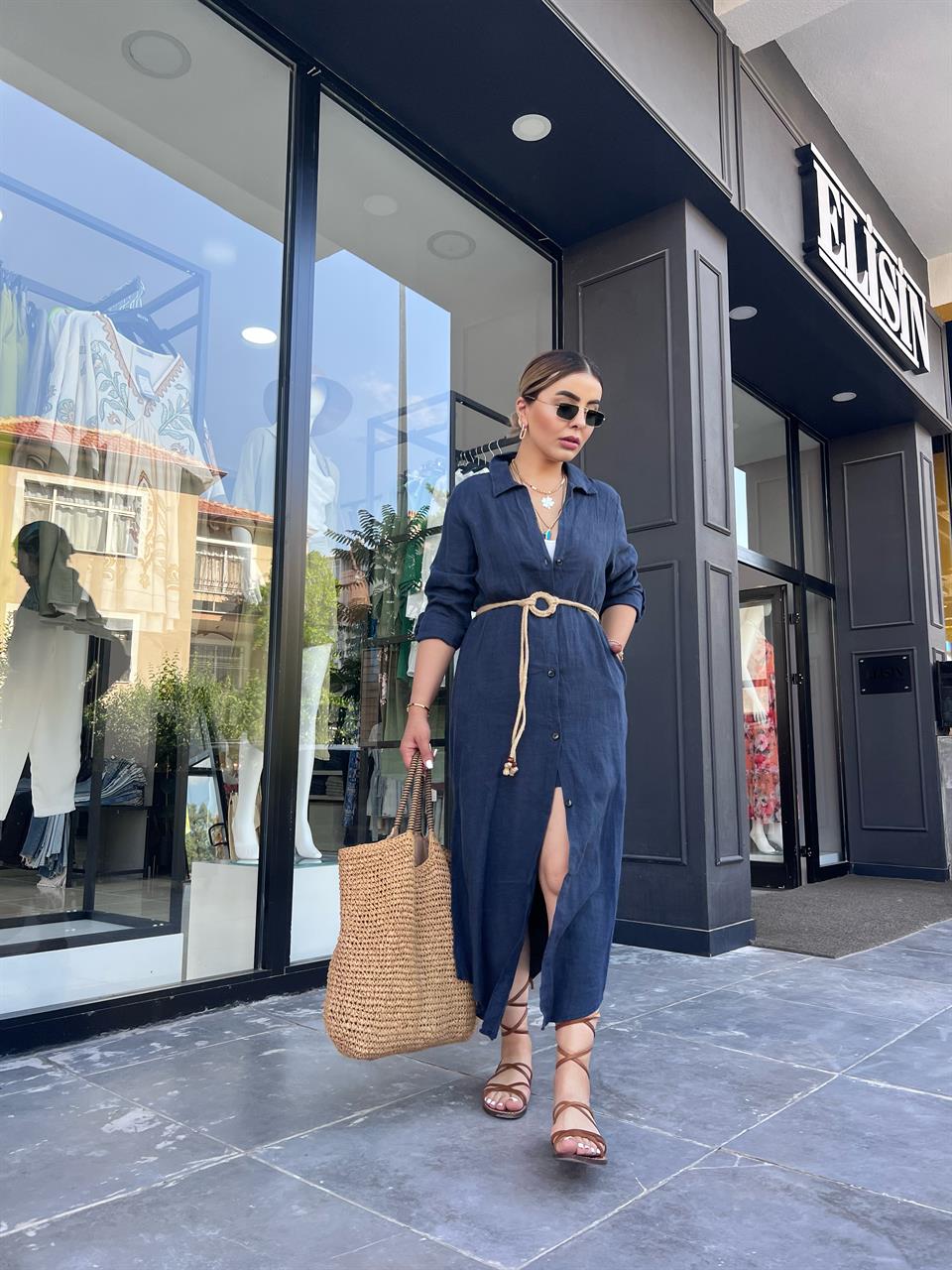 Lacivert %100 Ham Keten Boydan Düğmeli Kimono Elbise