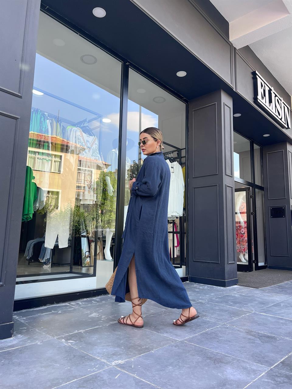 Lacivert %100 Ham Keten Boydan Düğmeli Kimono Elbise