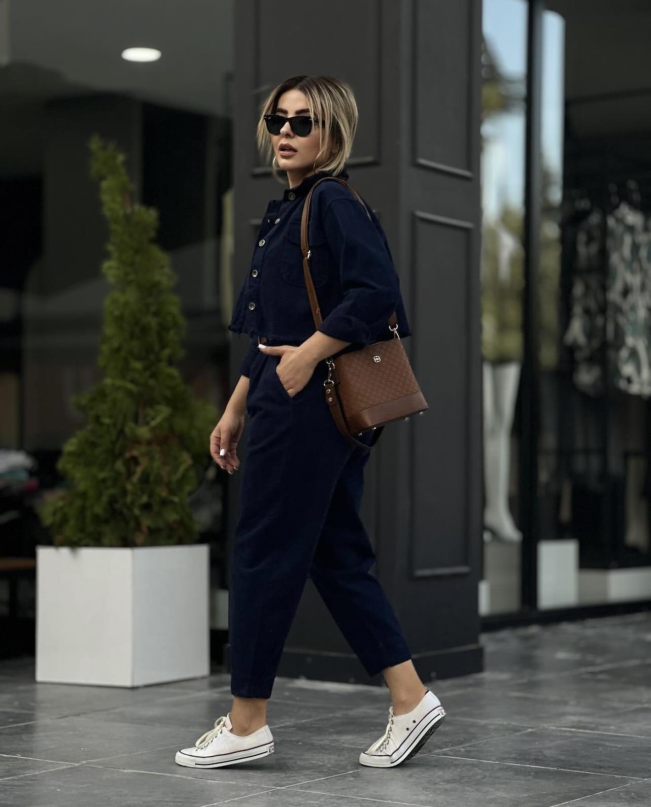 Navy Blue 100% Cotton Crop Jacket and Pants 2-Piece Set