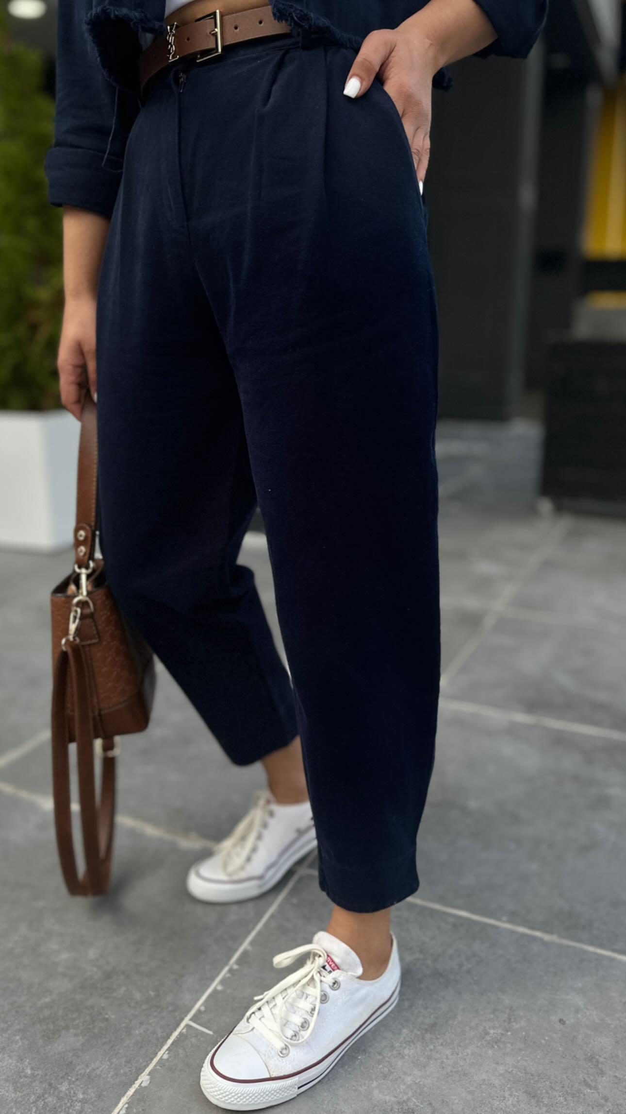 Navy Blue 100% Cotton Crop Jacket and Pants 2-Piece Set