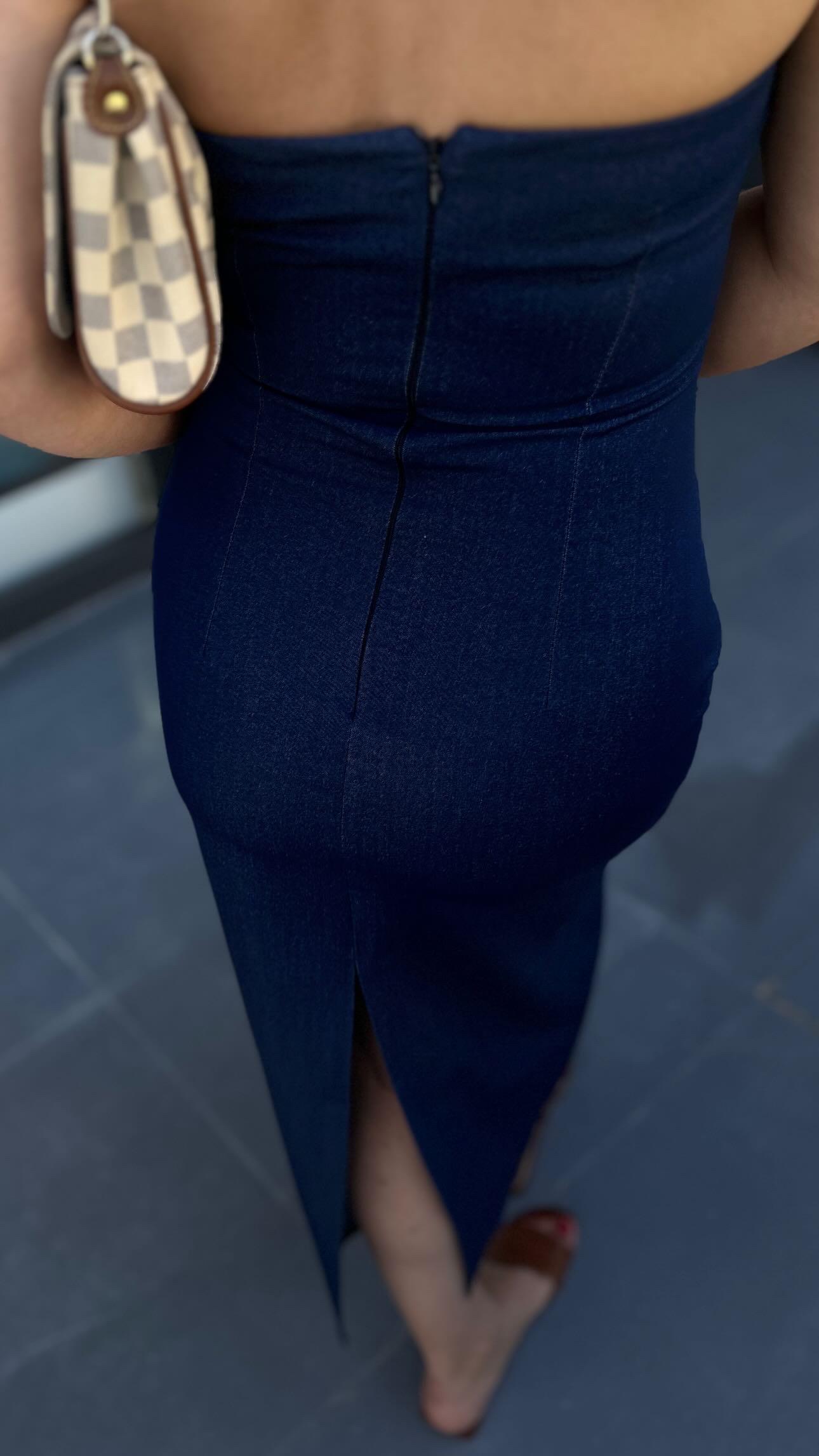 Navy Blue Strapless Dress with Back Slit Detail