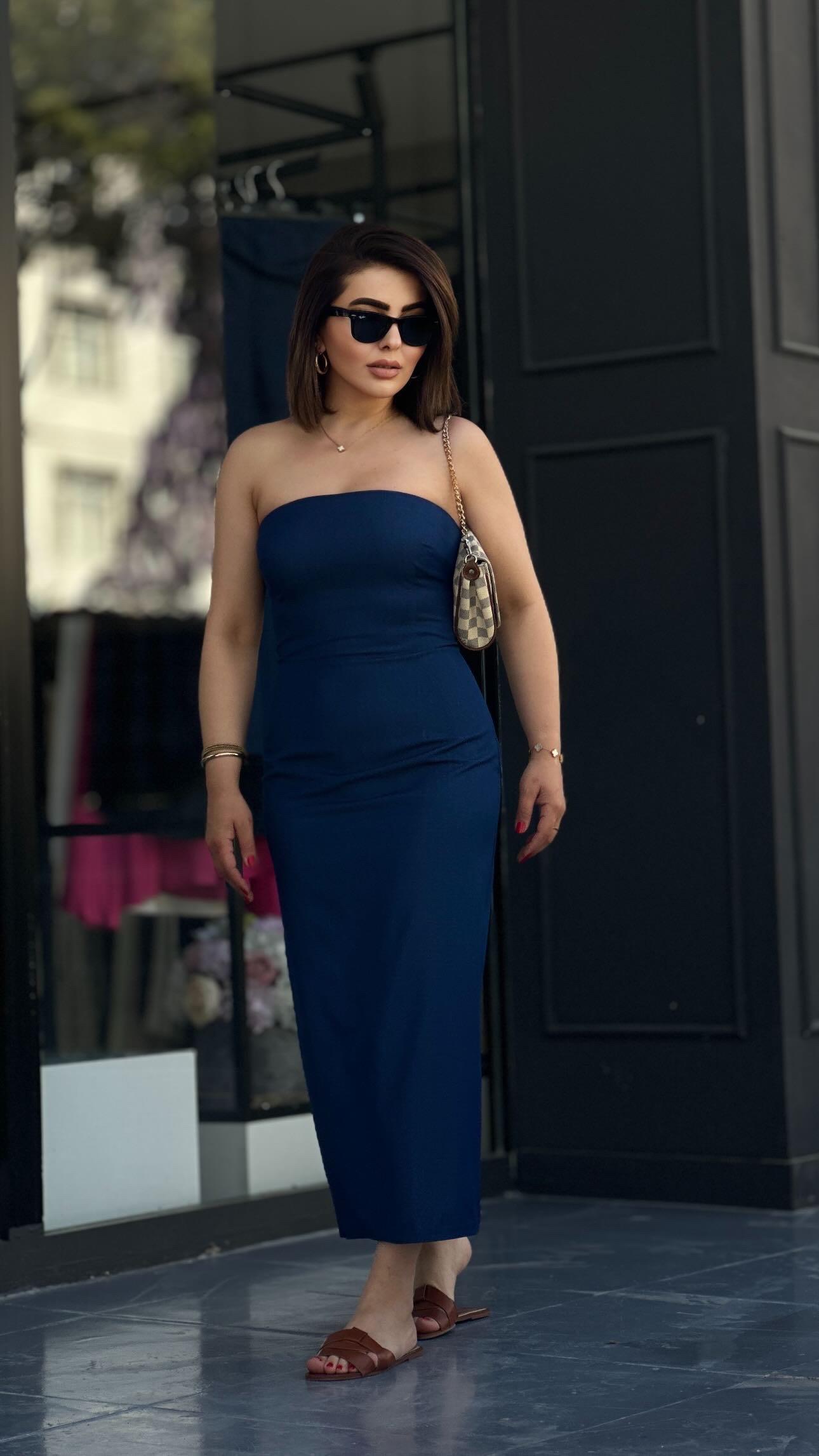 Navy Blue Strapless Dress with Back Slit Detail