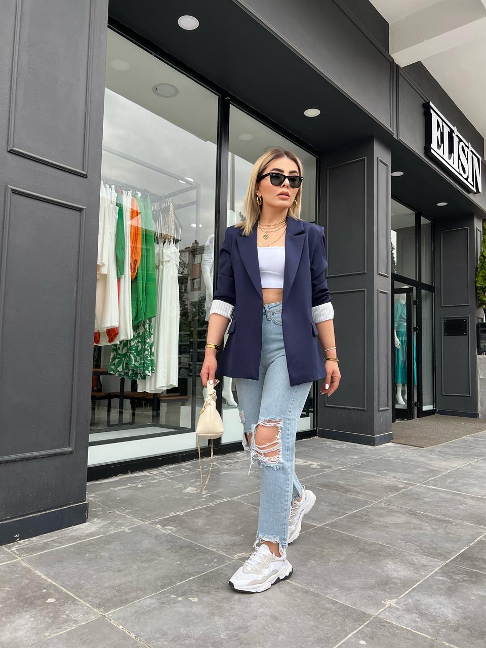 Lacivert Astarı Çizgili Blazer Ceket 