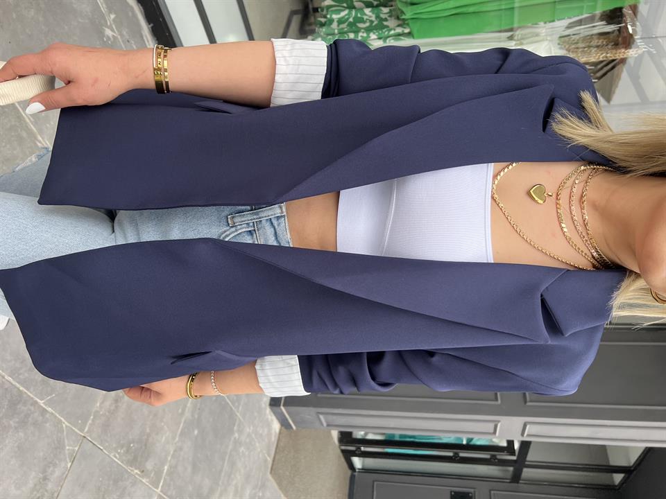 Lacivert Astarı Çizgili Blazer Ceket 