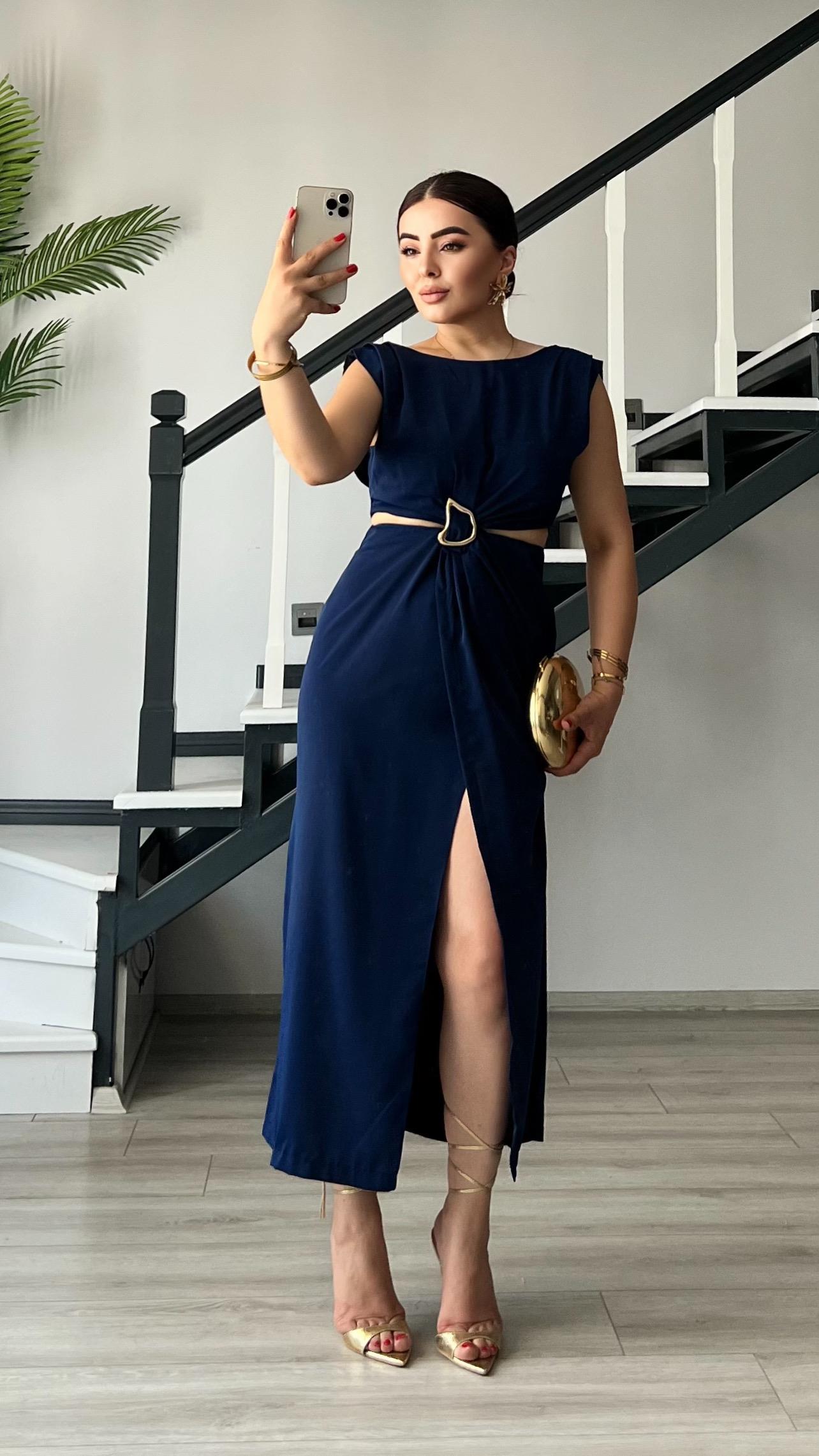 Navy Blue Dress with Waistline Cutout