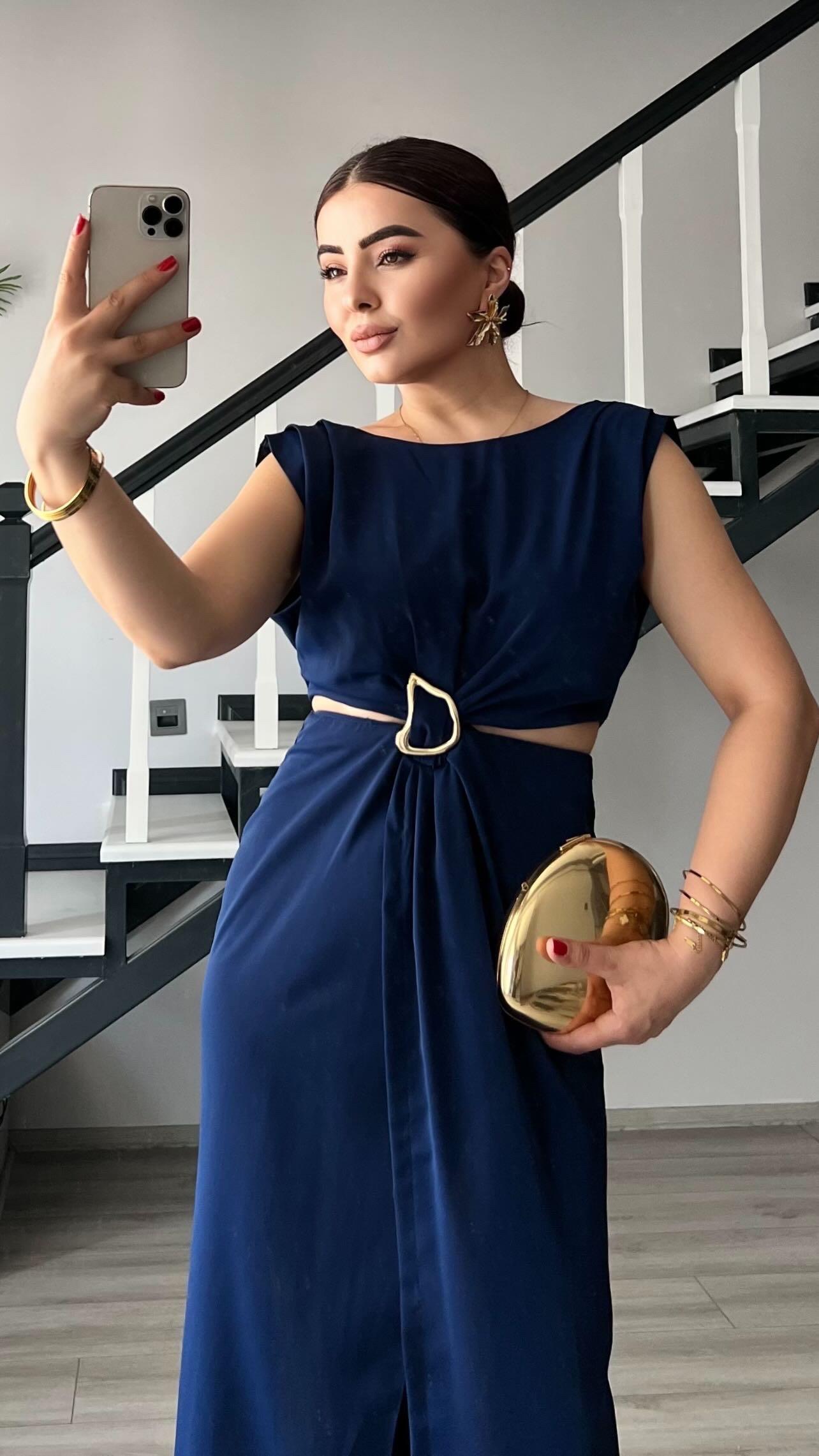 Navy Blue Dress with Waistline Cutout