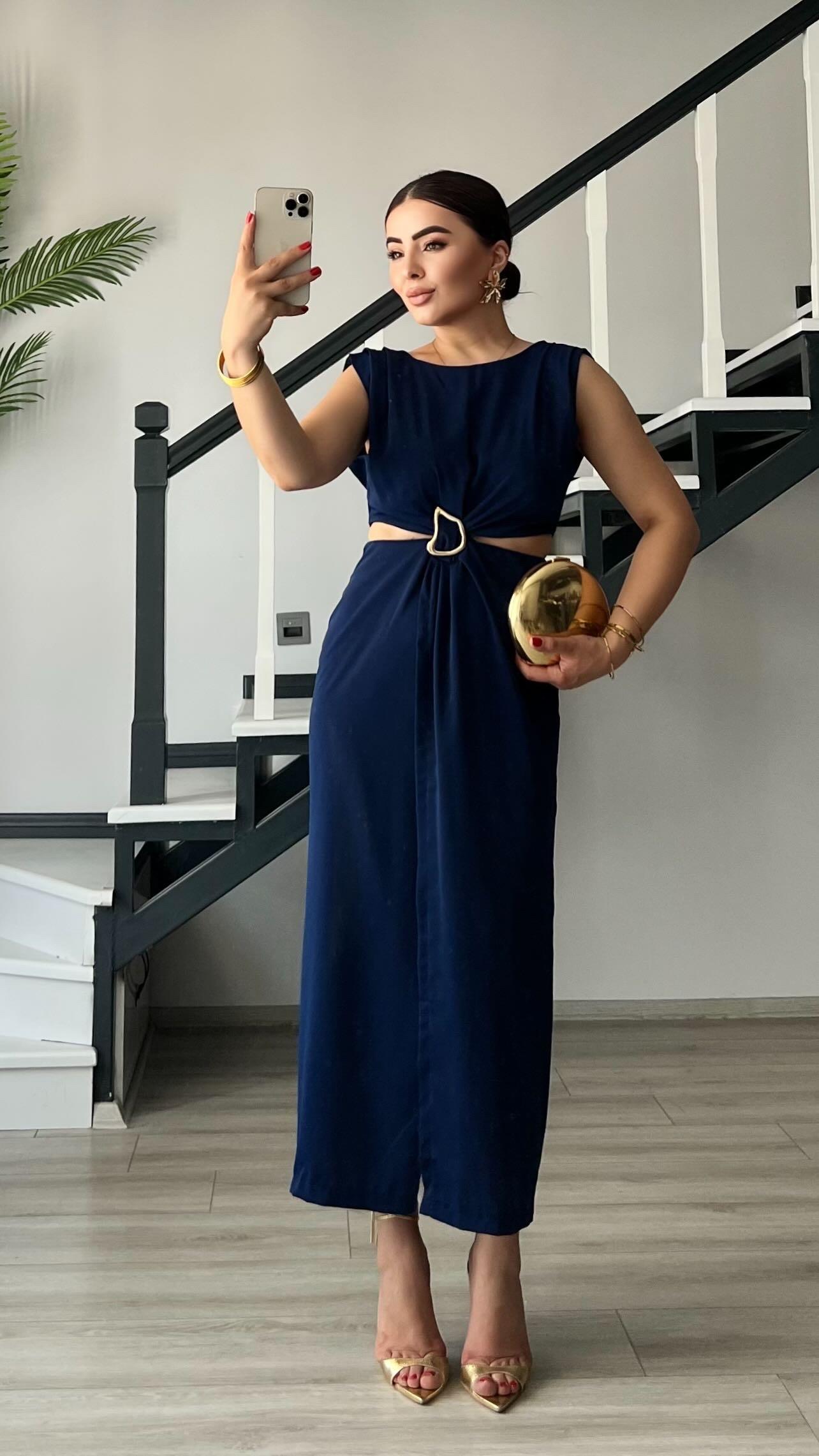 Navy Blue Dress with Waistline Cutout