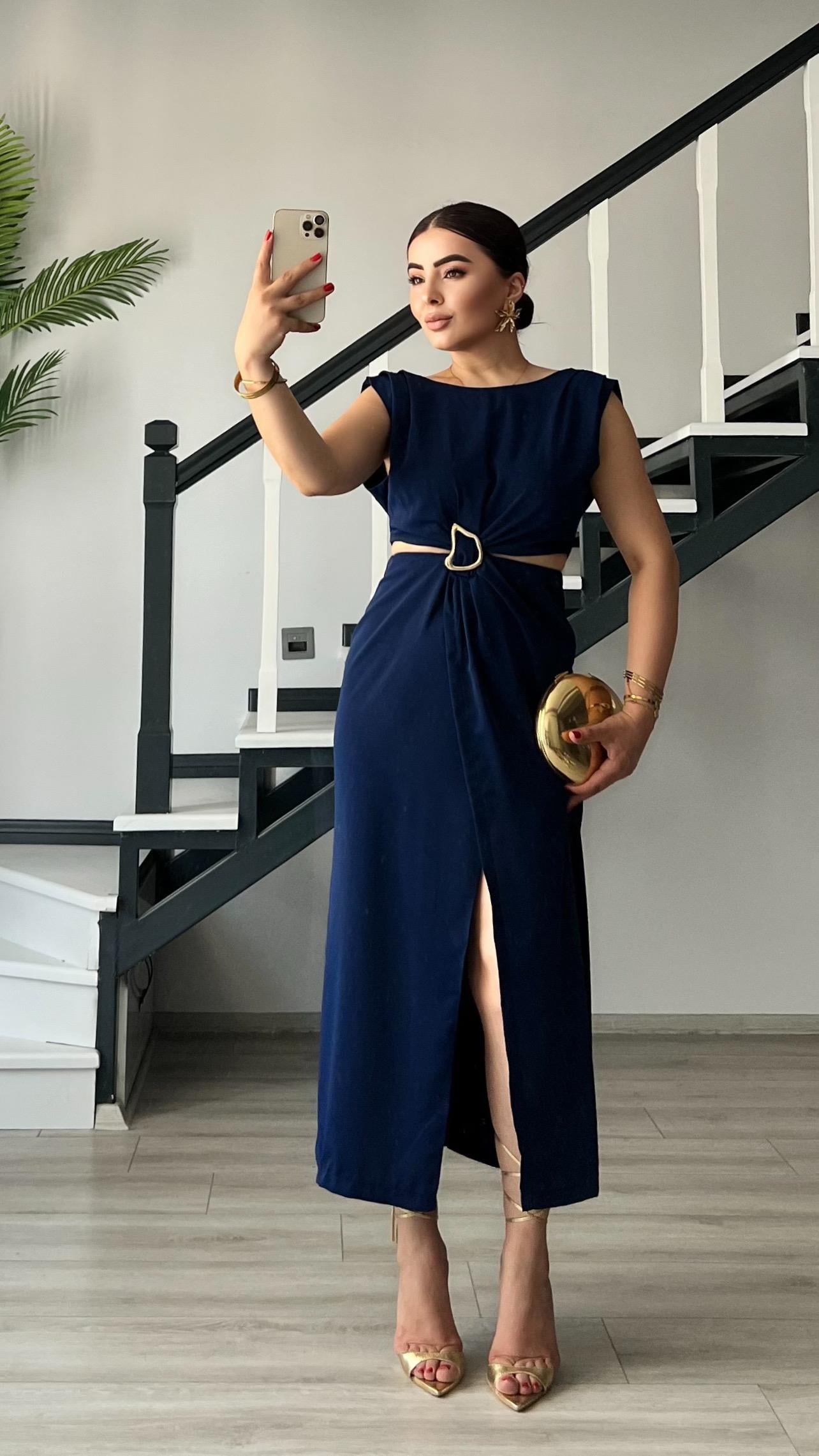 Navy Blue Dress with Waistline Cutout
