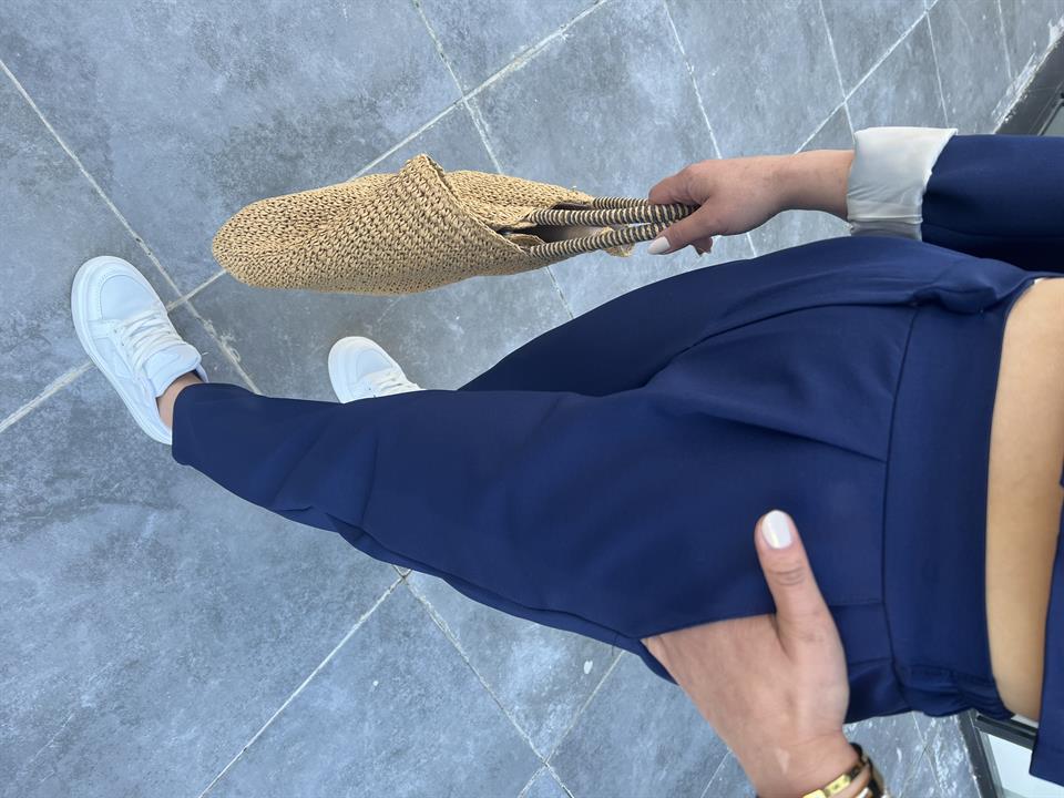 Navy Blue Trousers with Elastic Waist and Dart Details