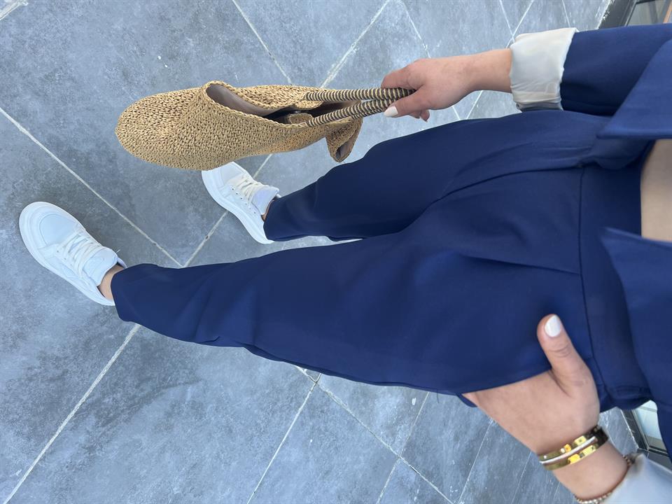 Navy Blue Trousers with Elastic Waist and Dart Details