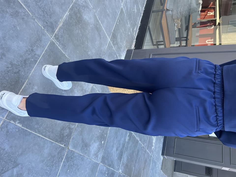 Navy Blue Trousers with Elastic Waist and Dart Details
