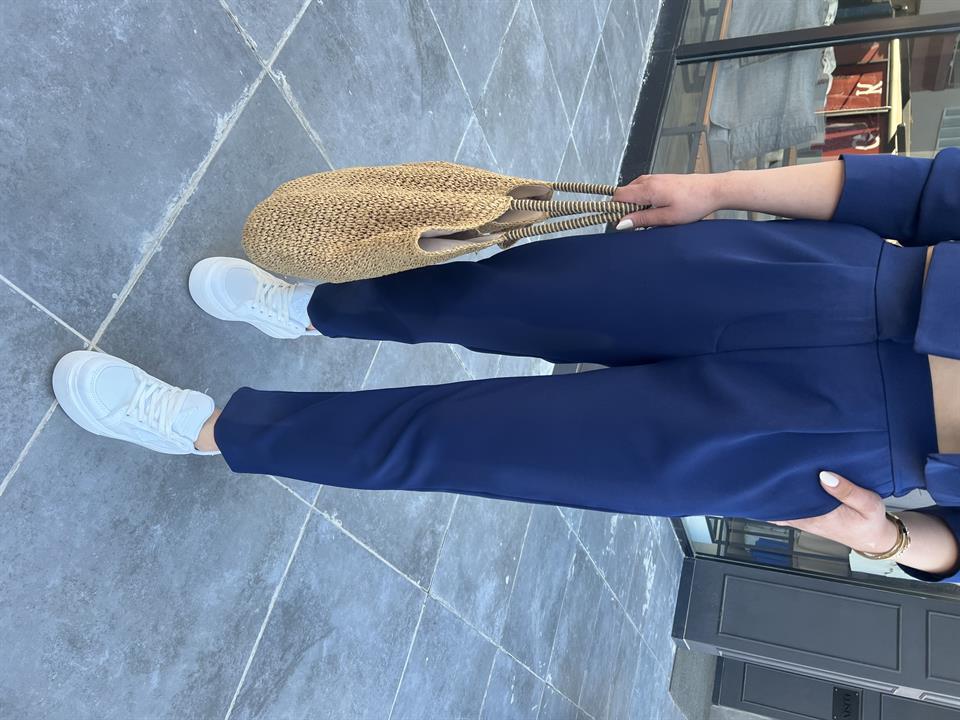 Navy Blue Trousers with Elastic Waist and Dart Details