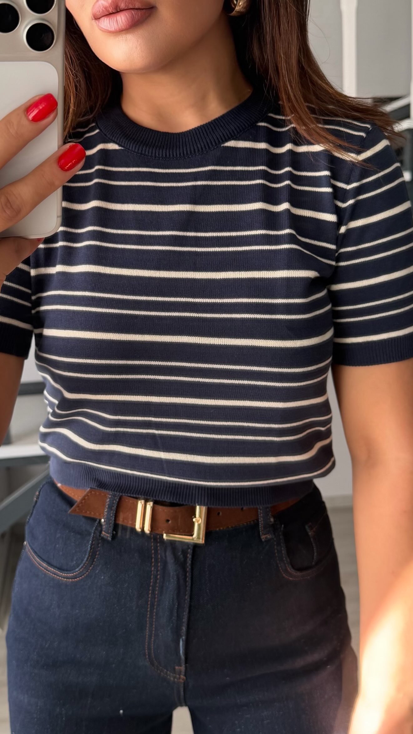 Navy-White Striped Short Sleeve Knitwear Blouse
