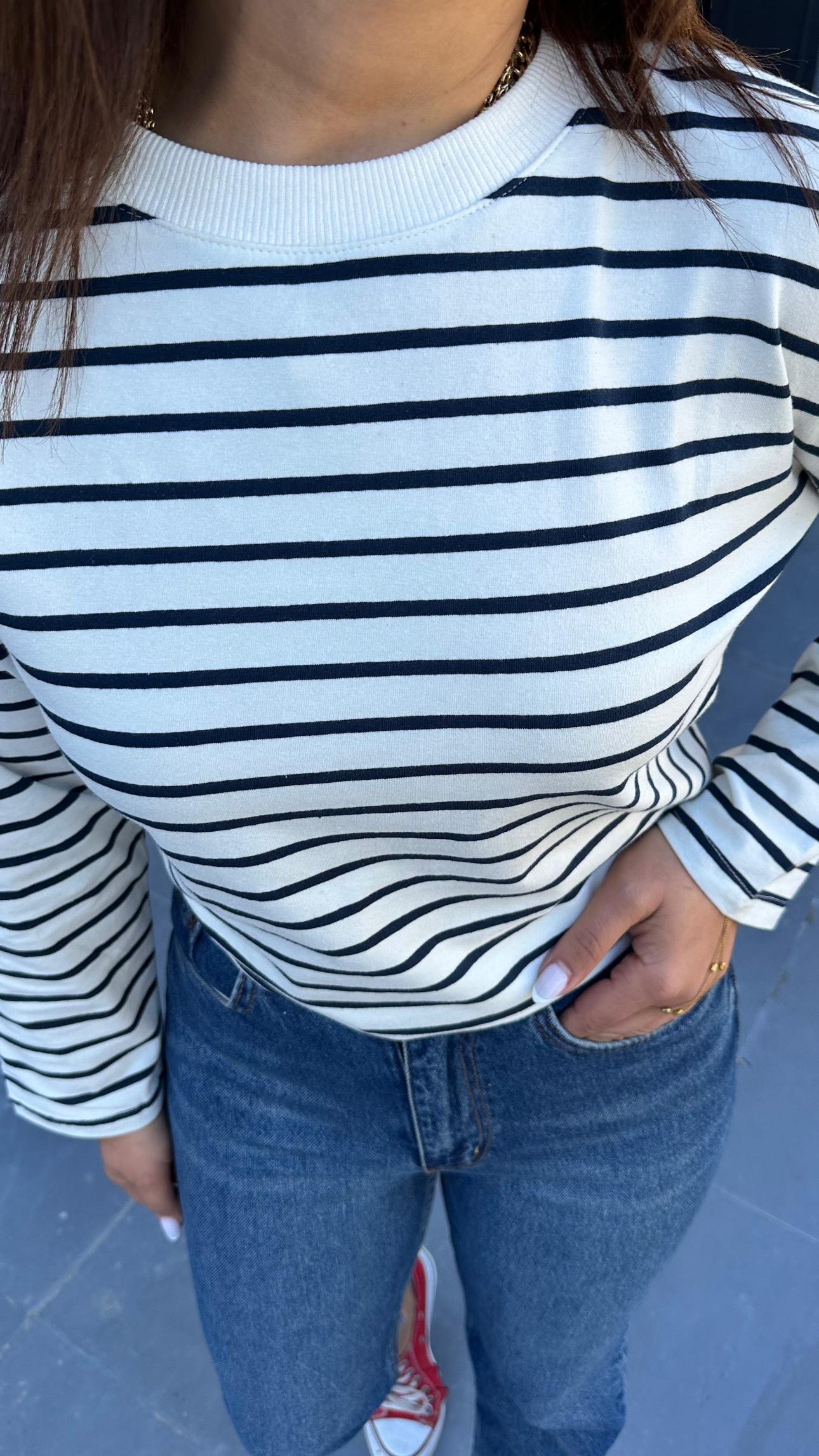 Navy Blue and White Striped Sweatshirt