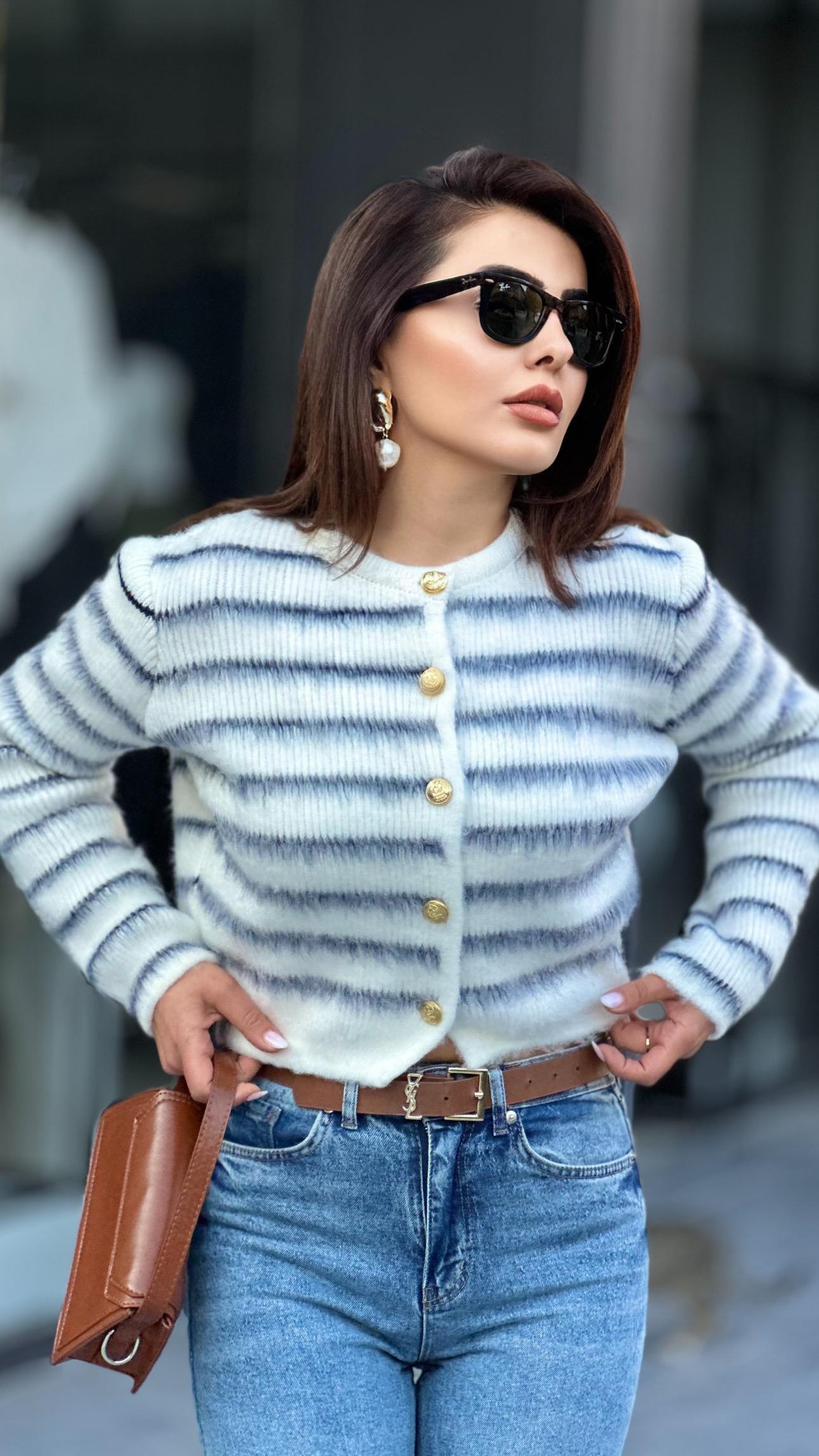 Navy Striped Furry Cardigan with Gold Buttons