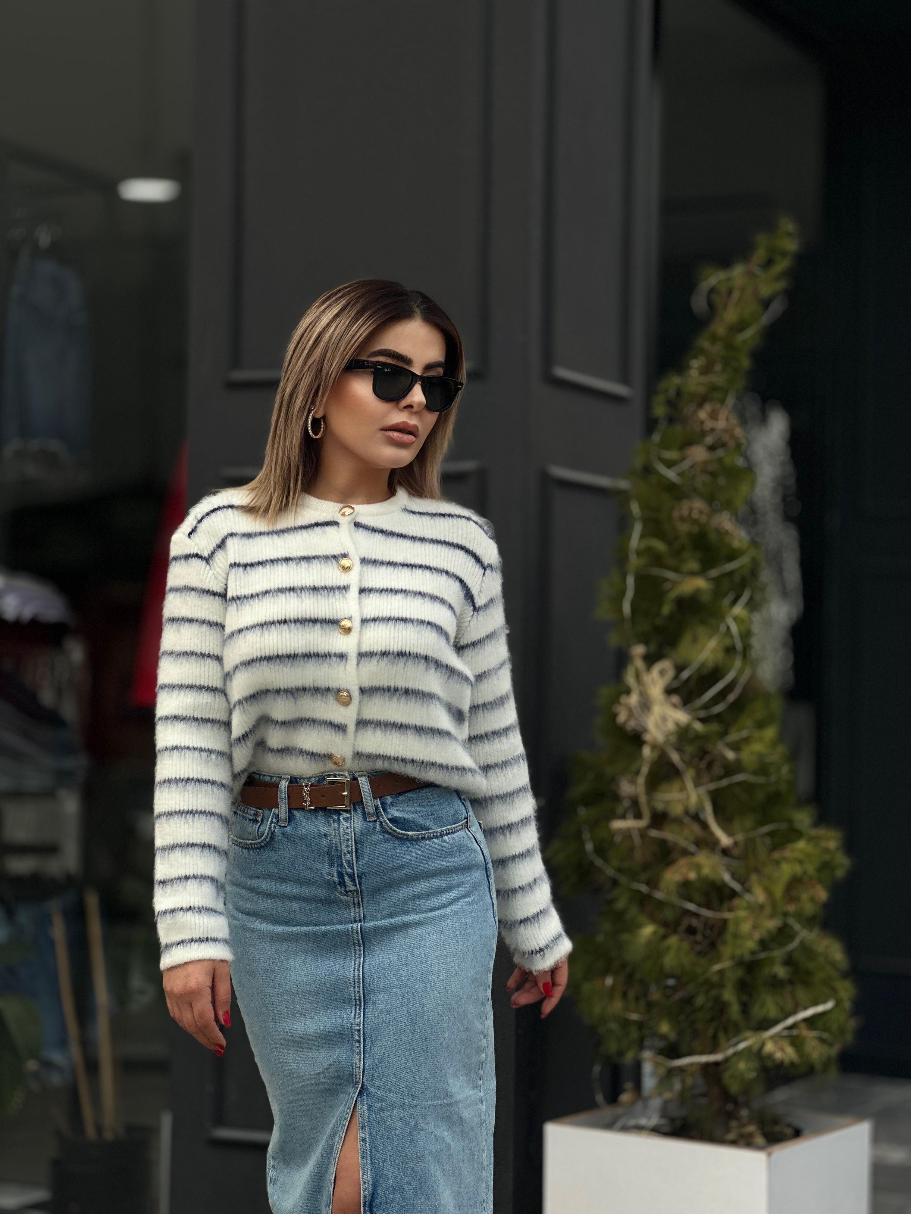 Navy Striped Furry Cardigan with Gold Buttons