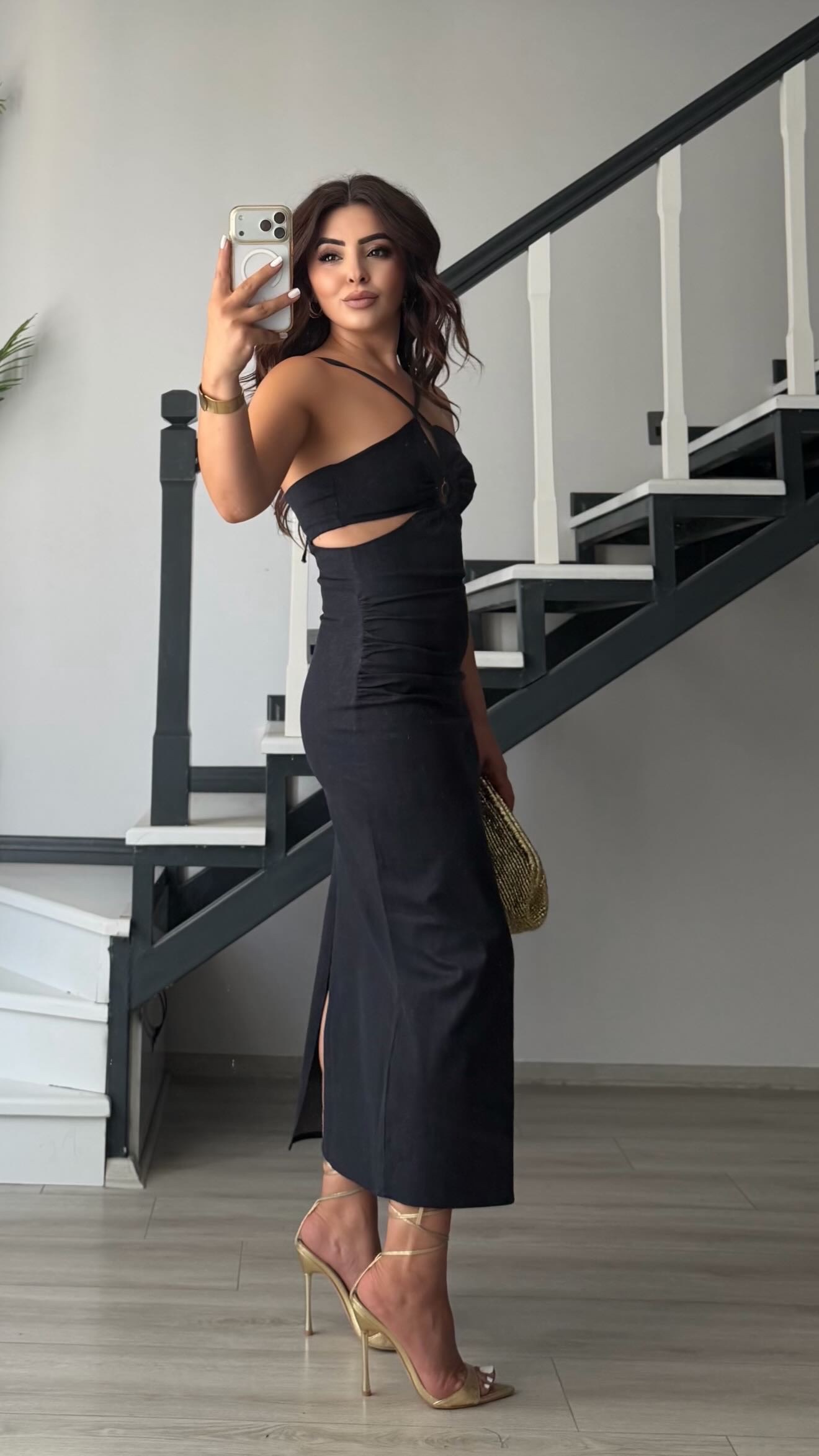 Navy Blue Denim-Look Lycra Midi Dress