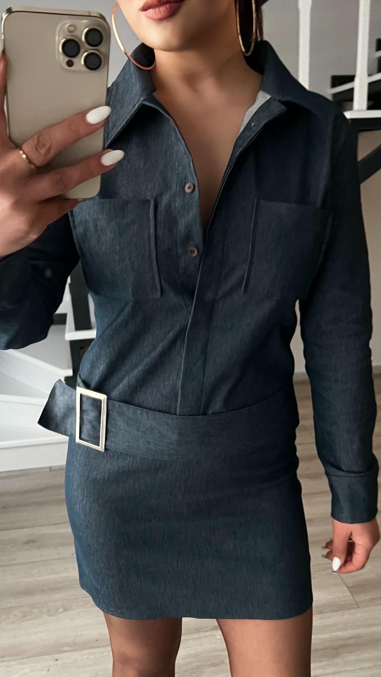 Lacivert Denim Görünümlü Yıkamalı Kemerli Elbise 