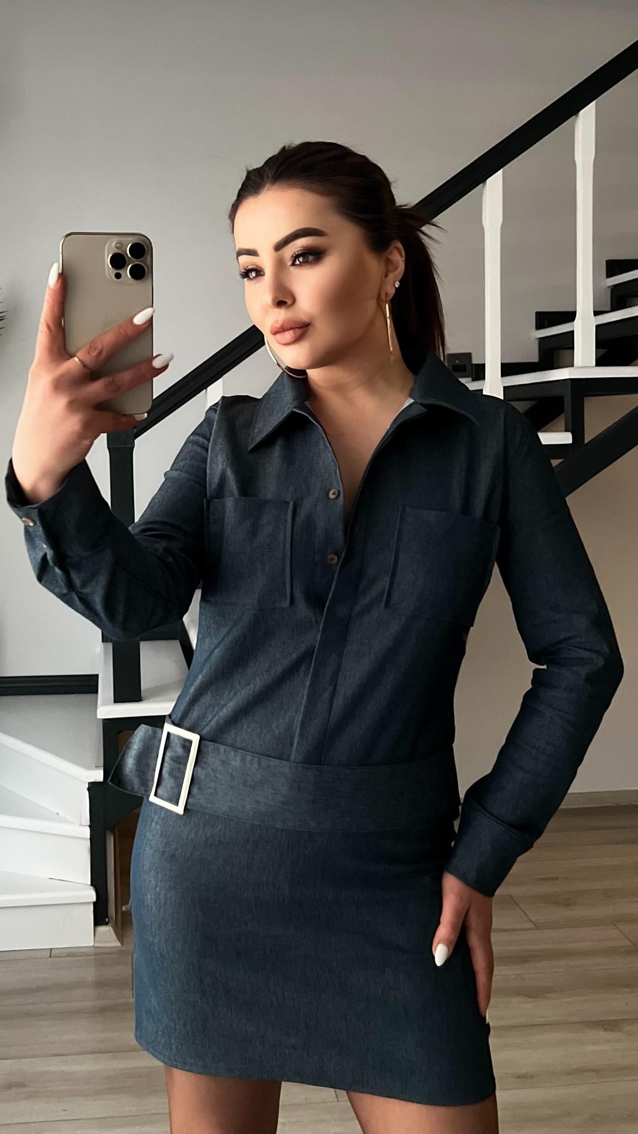 Lacivert Denim Görünümlü Yıkamalı Kemerli Elbise 