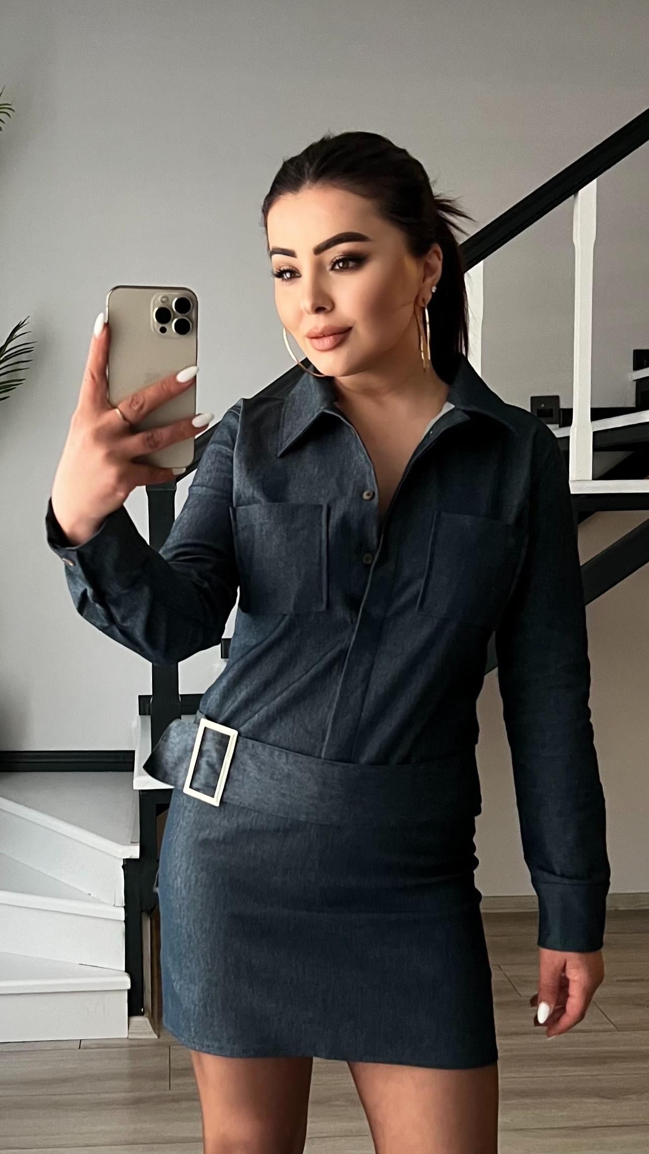 Lacivert Denim Görünümlü Yıkamalı Kemerli Elbise 
