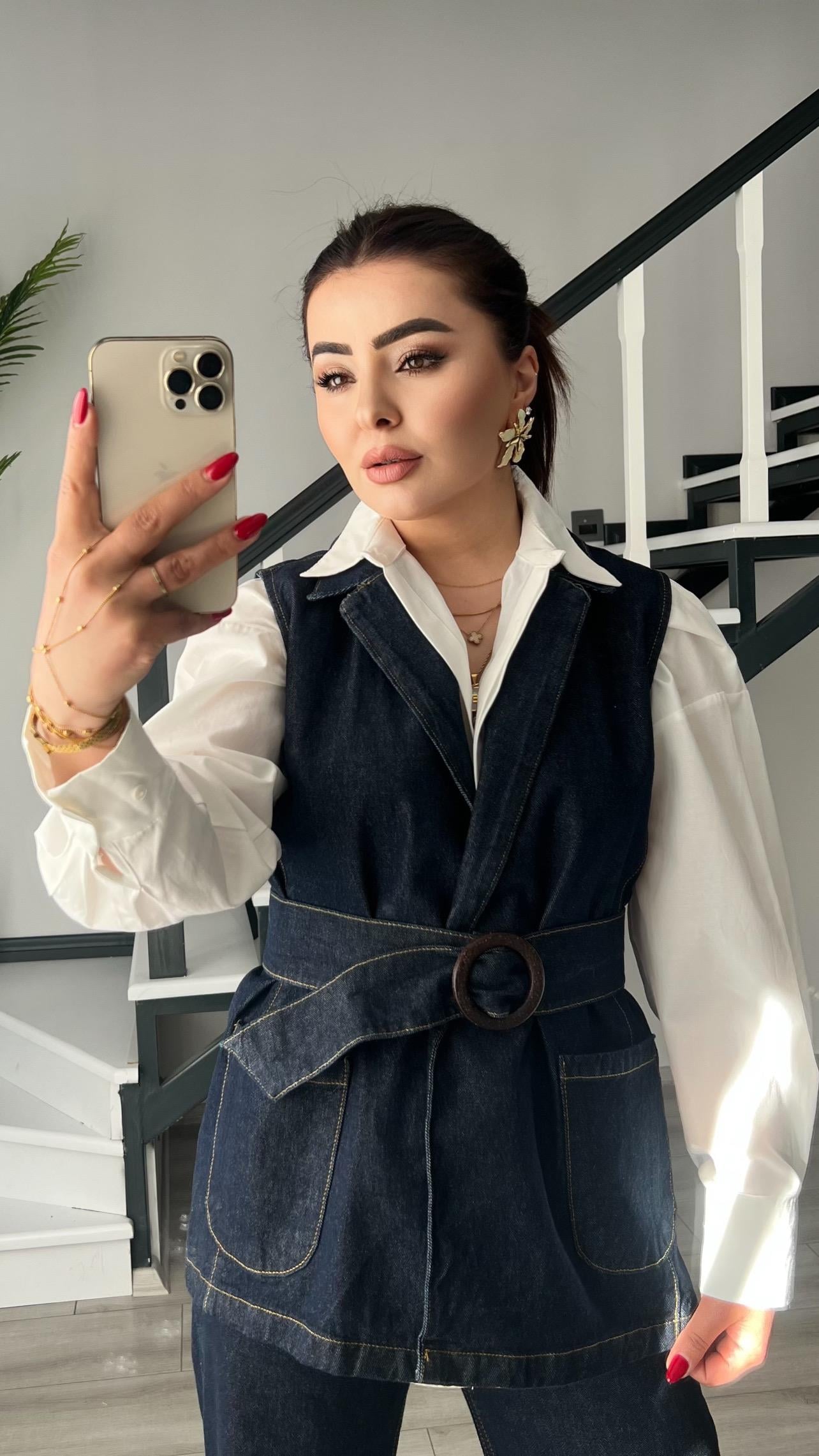 Lacivert Denim Kalın Toka Kemerli Yelek